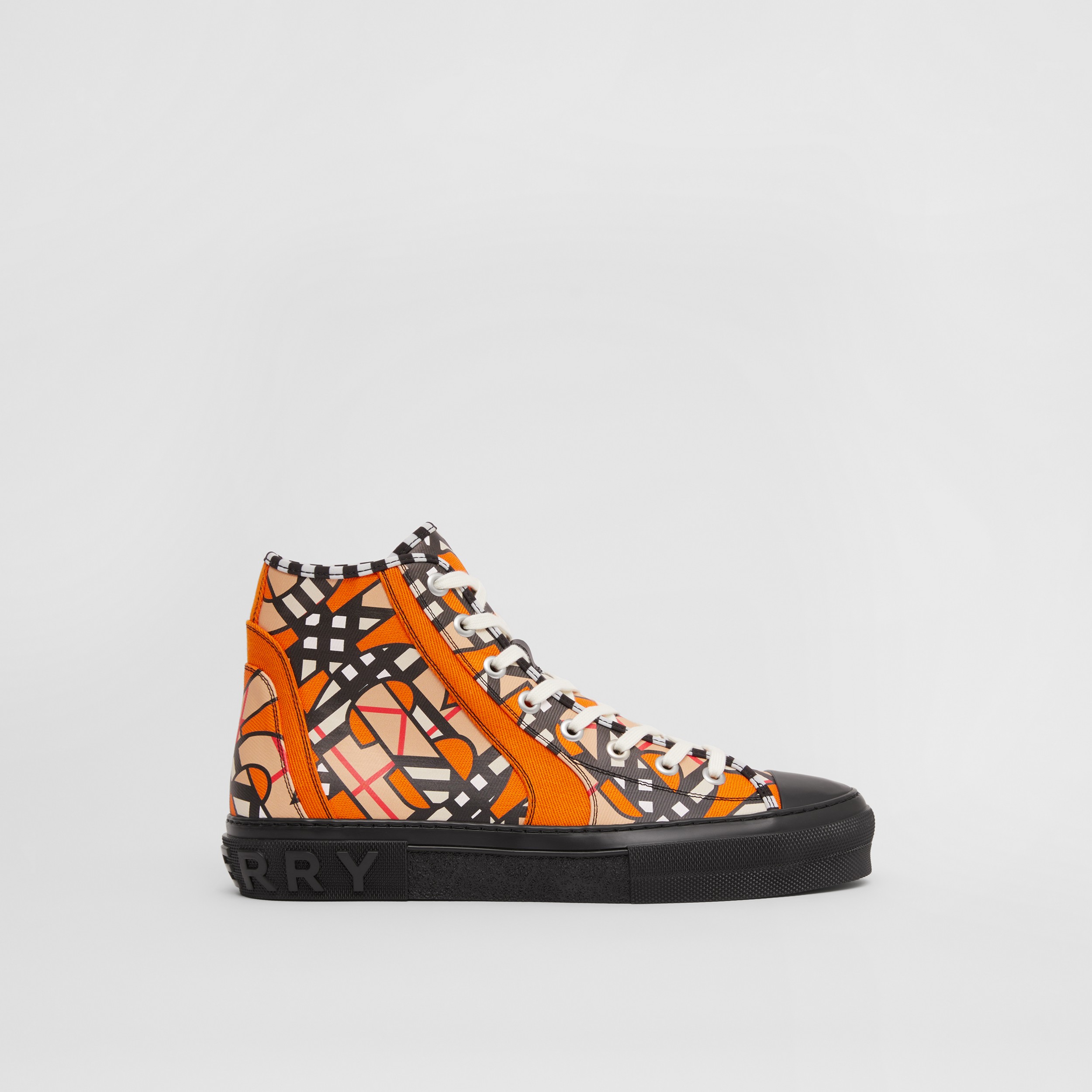 Monogram Linen Cotton Blend High-top Sneakers in Bright Orange | Burberry® Official - 1
