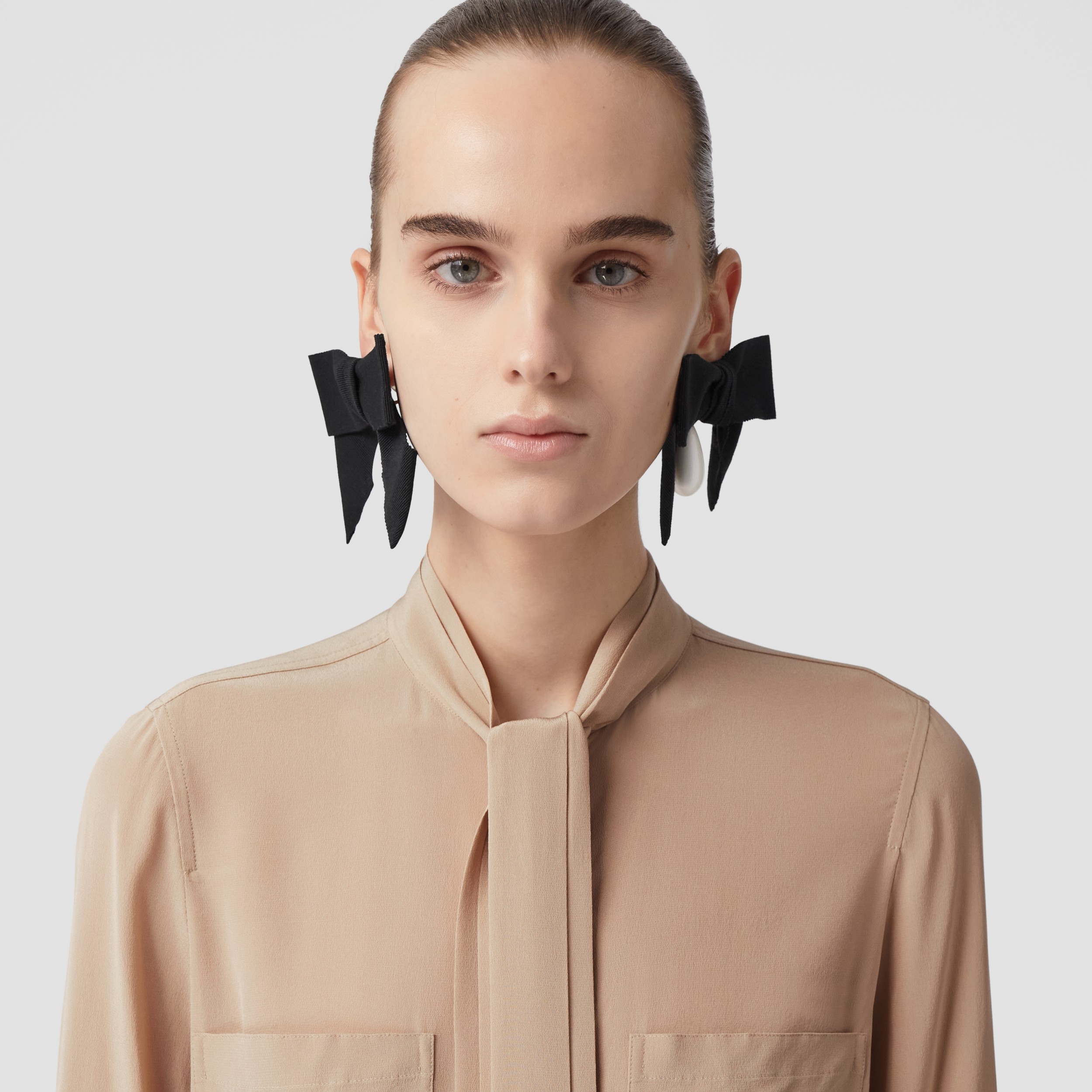 Silk Crepe de Chine Tie-neck Blouse in Cappuccino - Women | Burberry ...