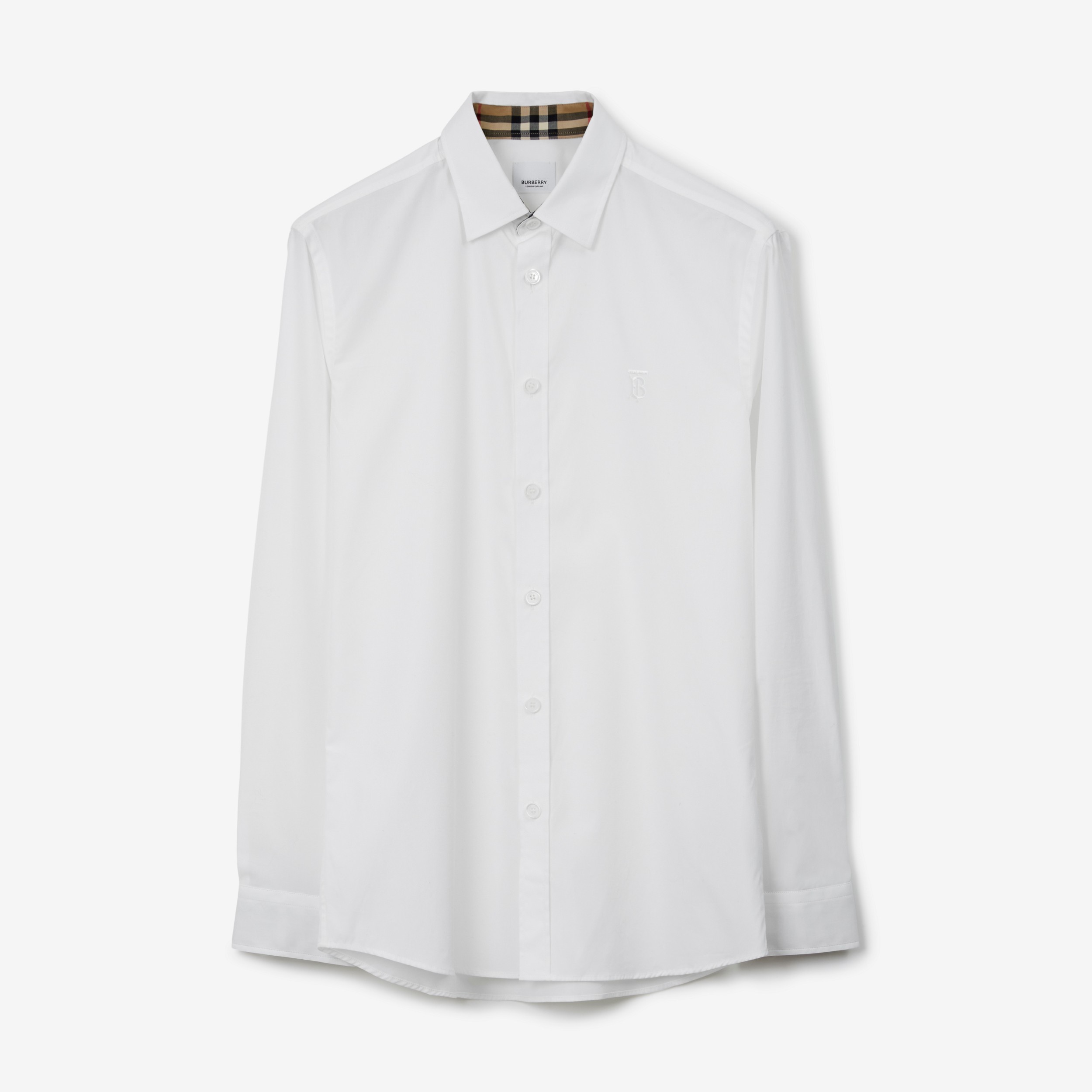 슬림핏 모노그램 모티프 스트레치 코튼 포플린 셔츠 (화이트) - 남성 | Burberry® - 1