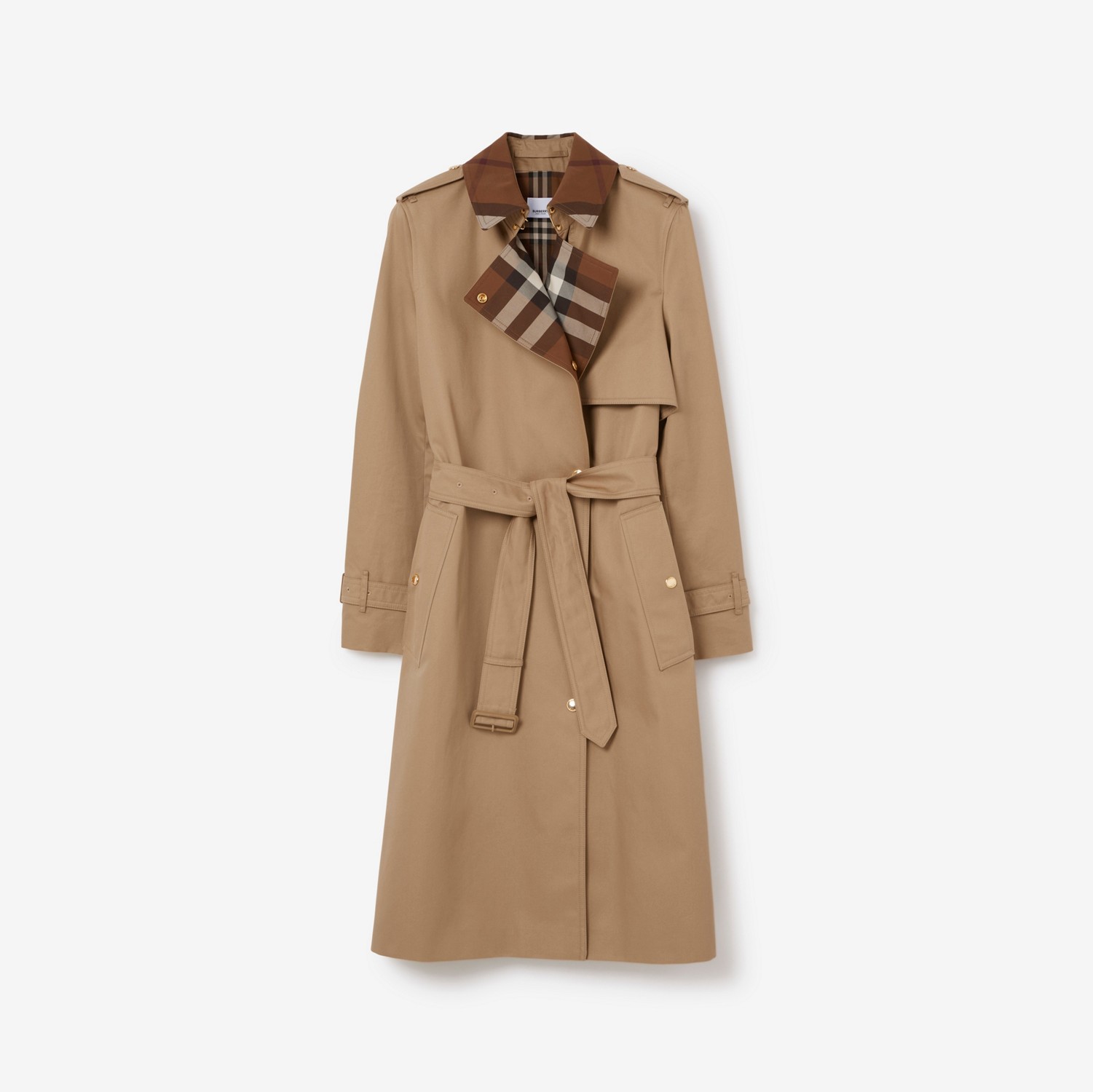 Langer Trenchcoat aus Gabardine mit Check-Kragen