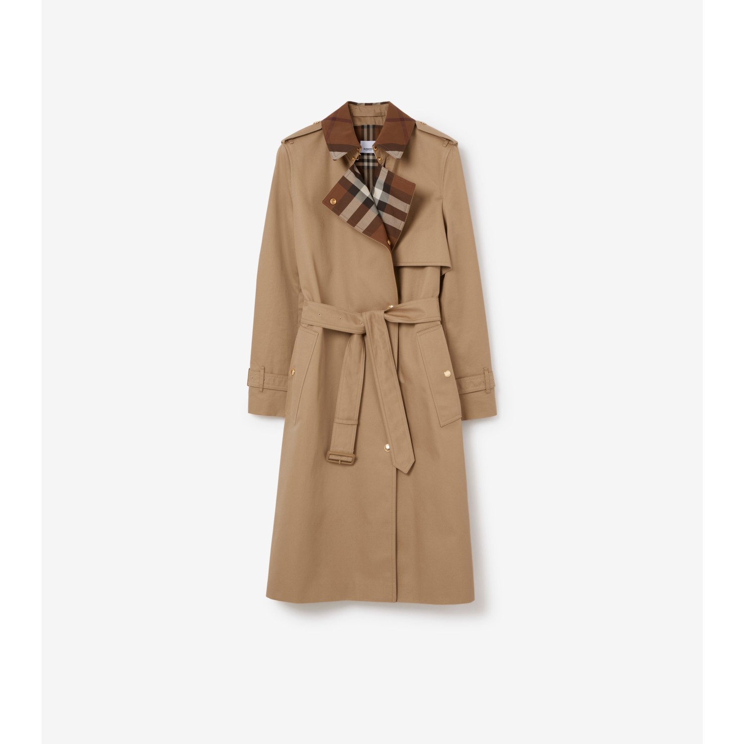 Trench coat largo en gabardina con cuello Check