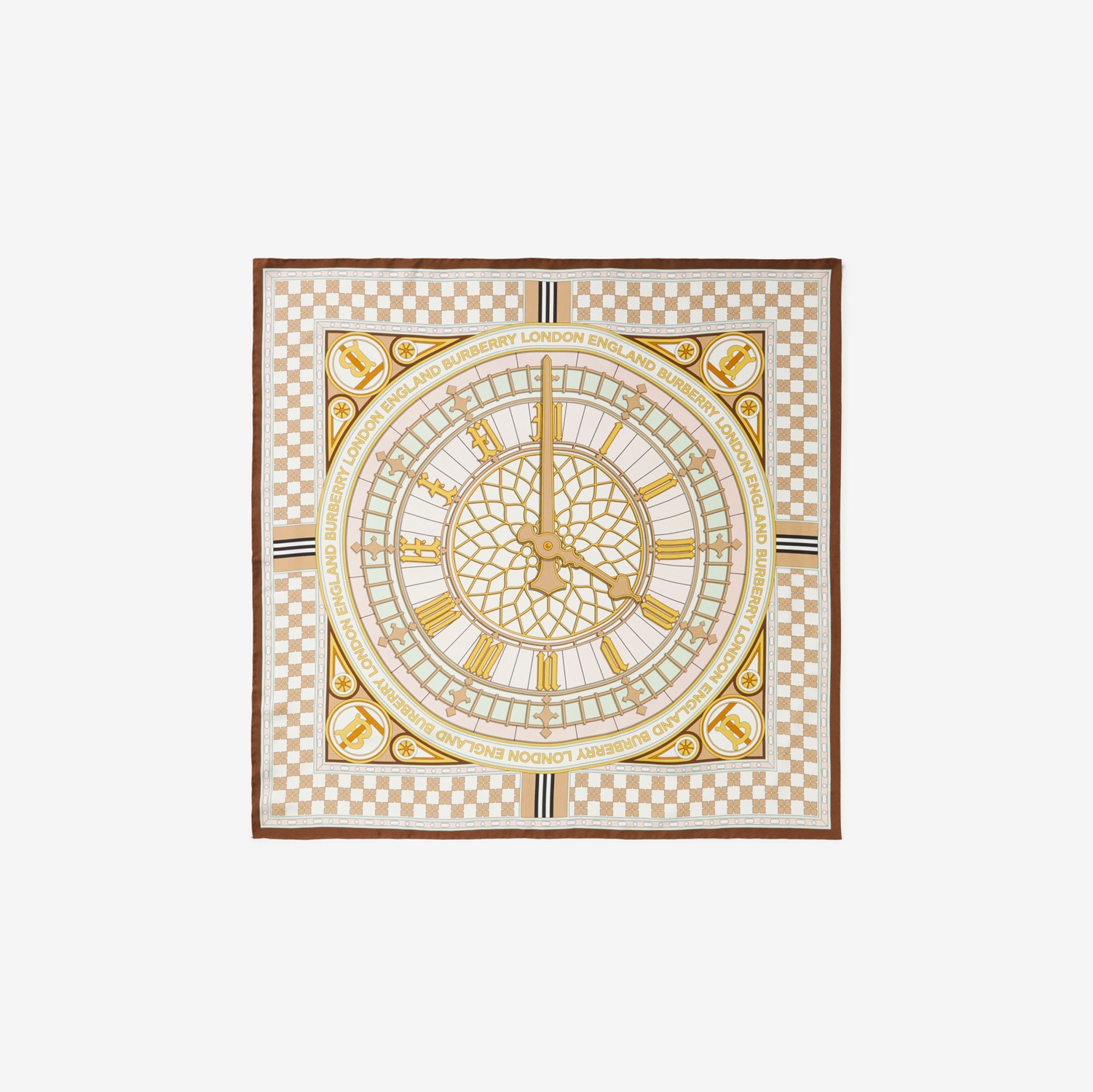 시계 프린트 실크 스퀘어 스카프 (카멜) | Burberry®