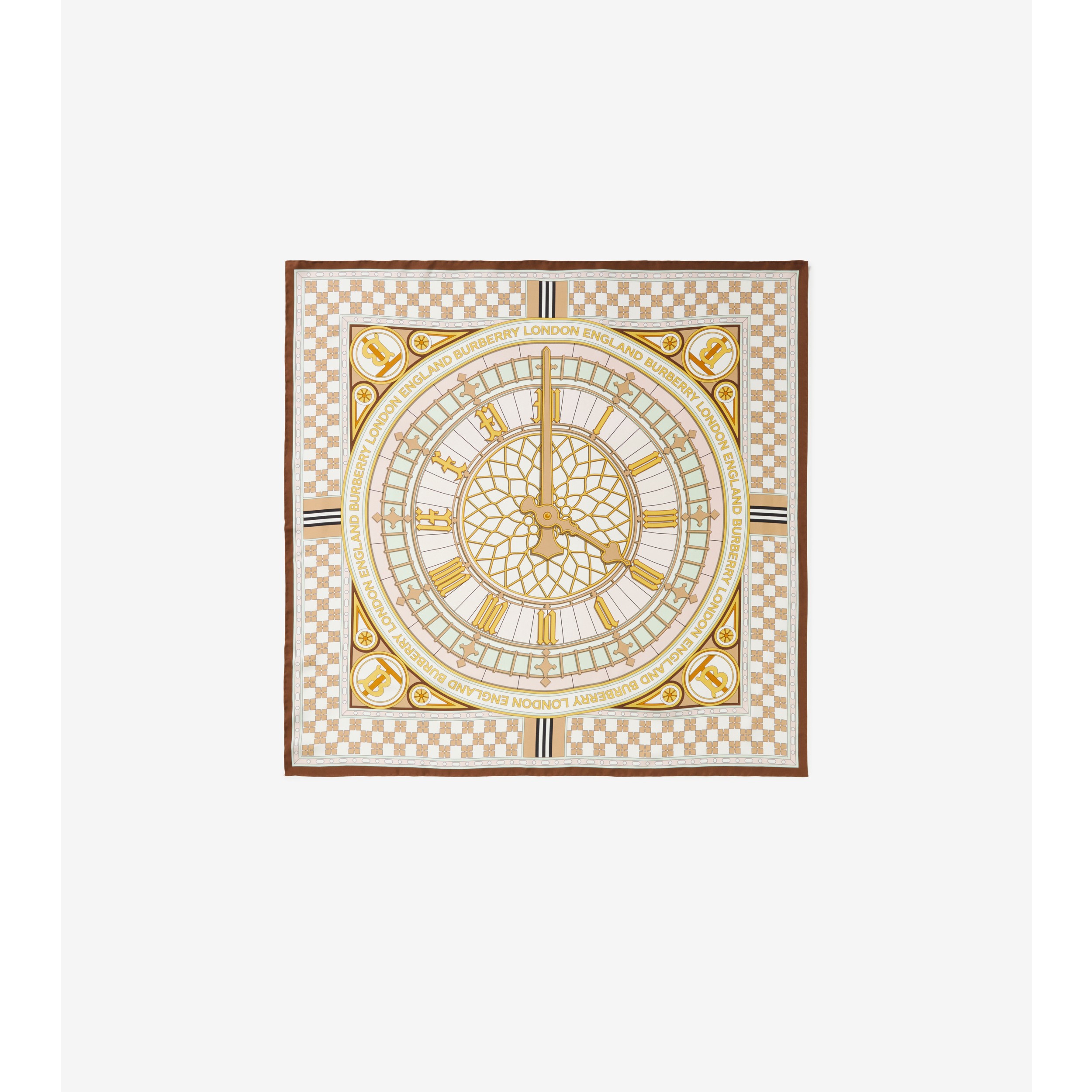 Clock Print Silk Square Scarf in Camel
