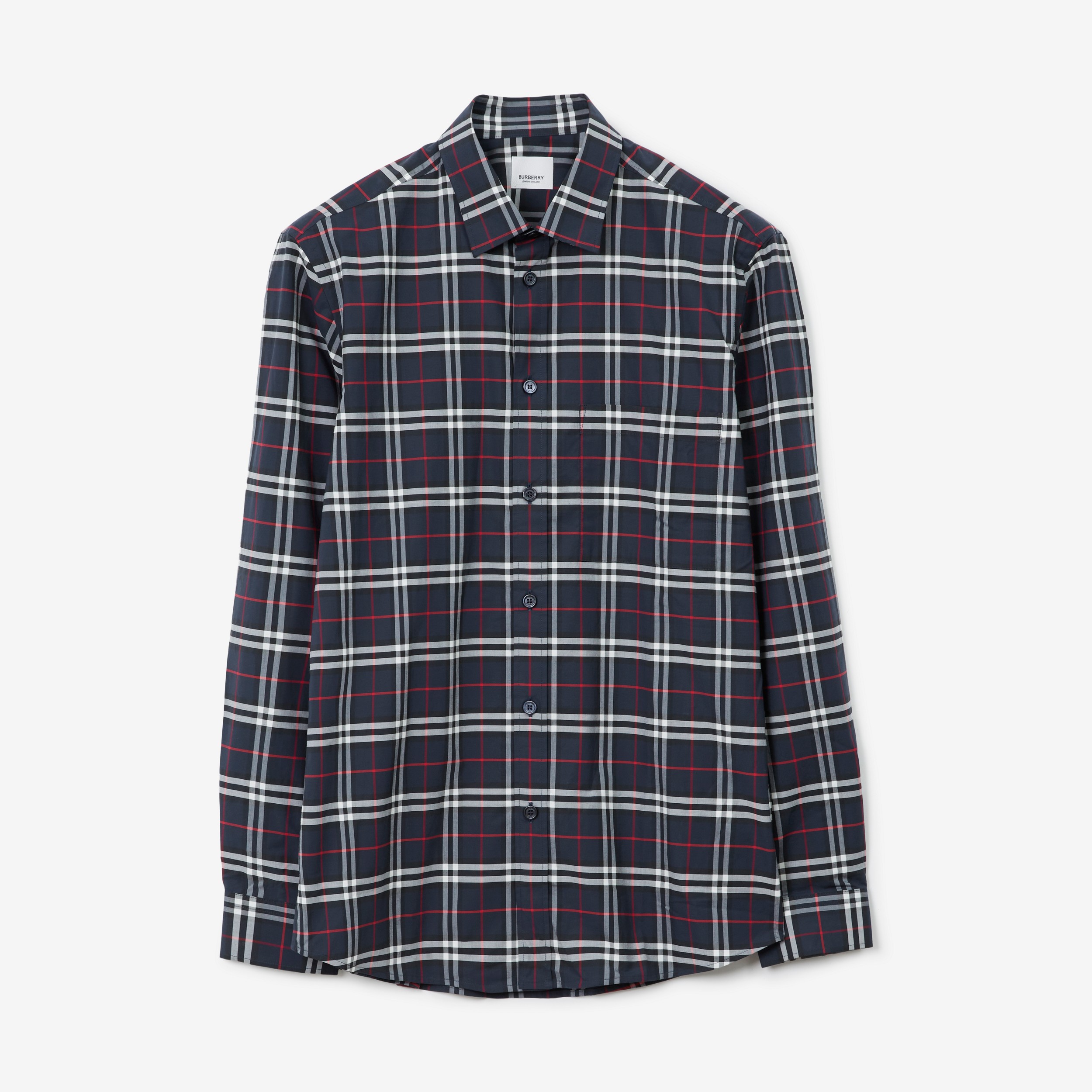 Check Stretch Cotton Shirt in Navy - Men | Burberry® Official - 1