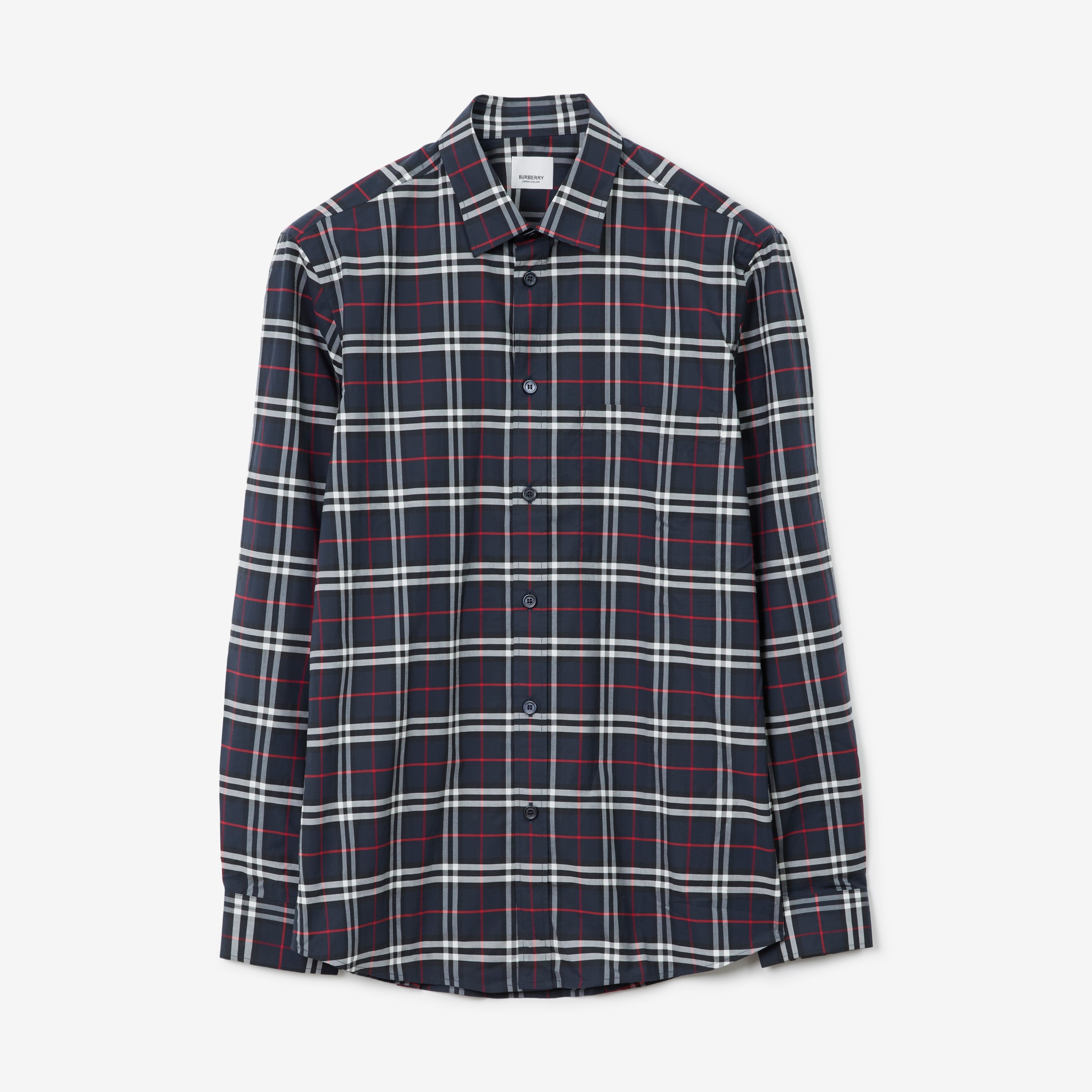 Check Stretch Cotton Shirt in Navy - Men | Burberry® Official