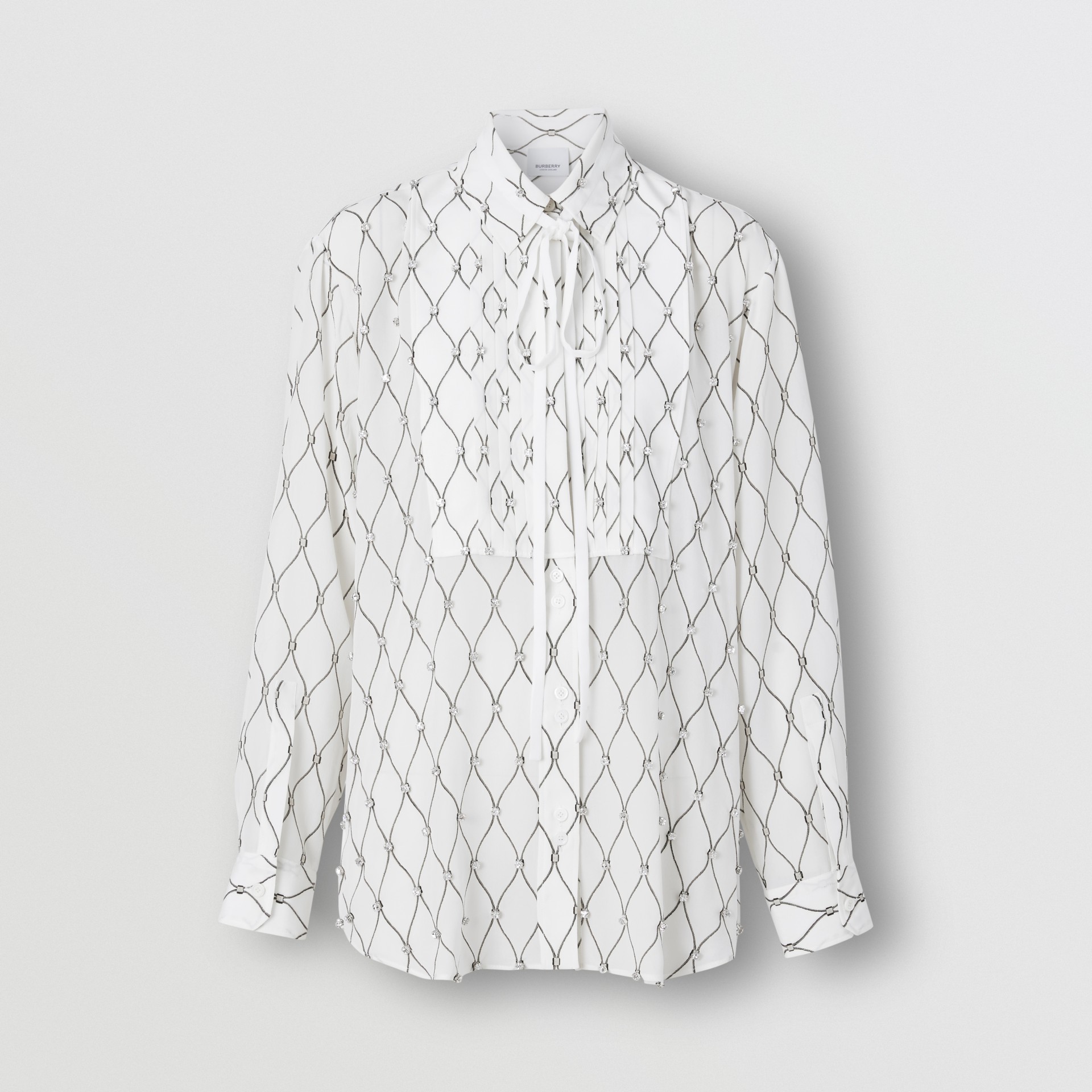 Crystal Detail Net Print Silk Oversized Tieneck Shirt in White Women