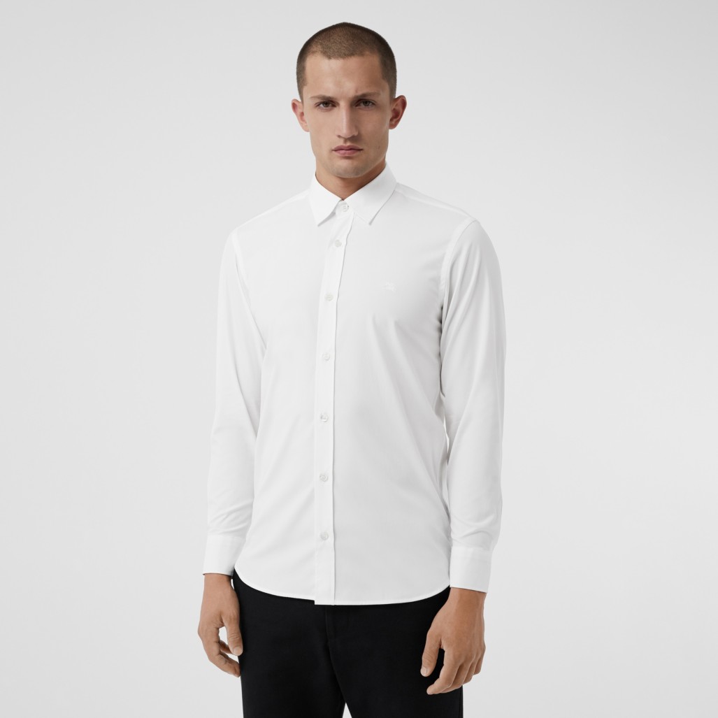 白色 格纹袖口弹力棉府绸衬衫 产品图片01