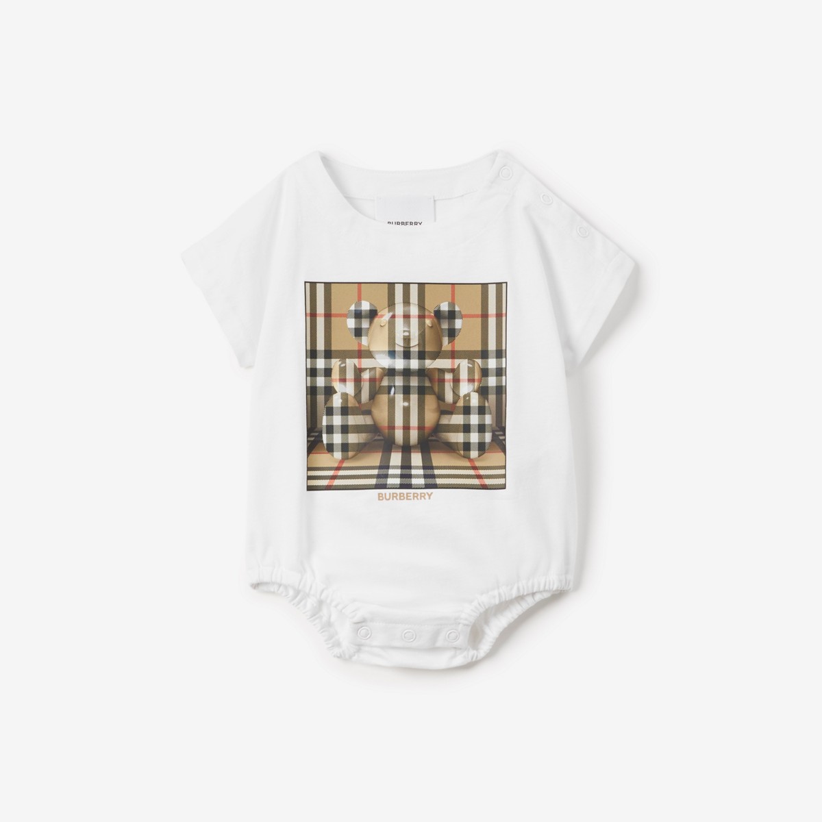 Burberry Childrens Check Thomas Bear Print Cotton Bodysuit In White/archive Beige