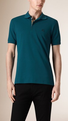 Dark teal Check Placket Piqué Cotton Polo Shirt - Image 1