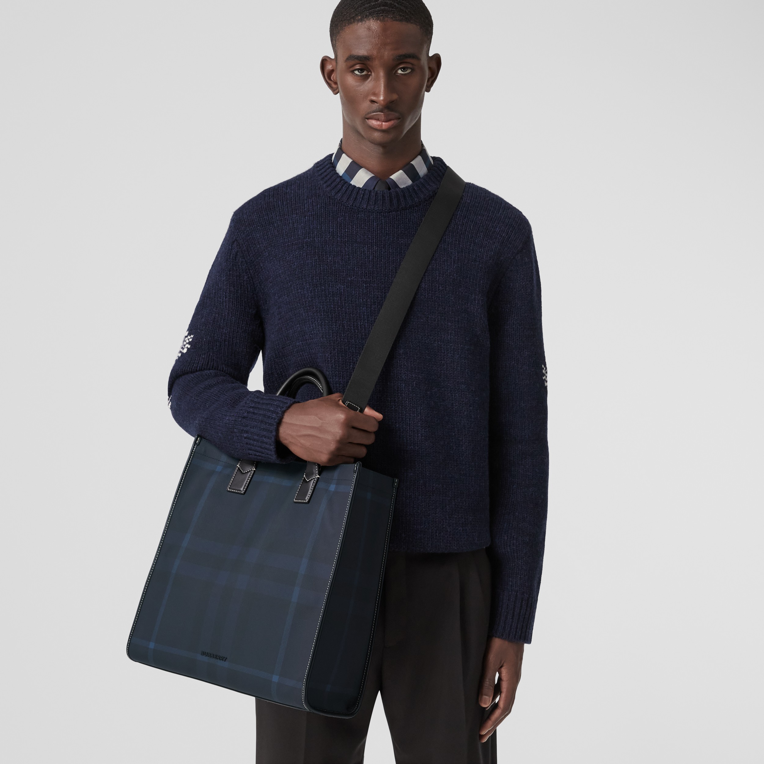 Exaggerated Check and Leather Tote in Navy Blue - Men | Burberry® Official - 3