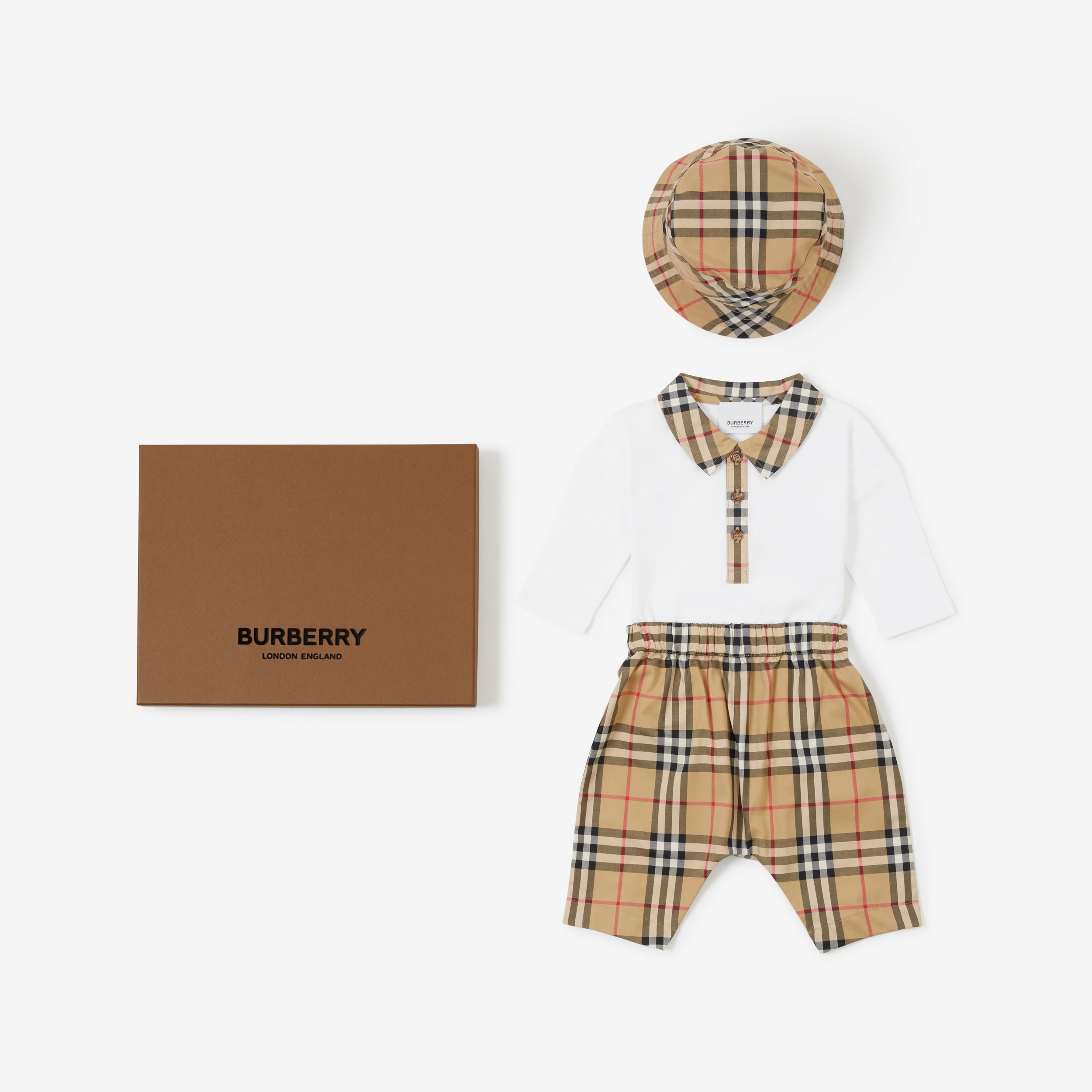 Check Cotton Three-piece Baby Gift Set in Archive Beige - Children | Burberry® Official - 1