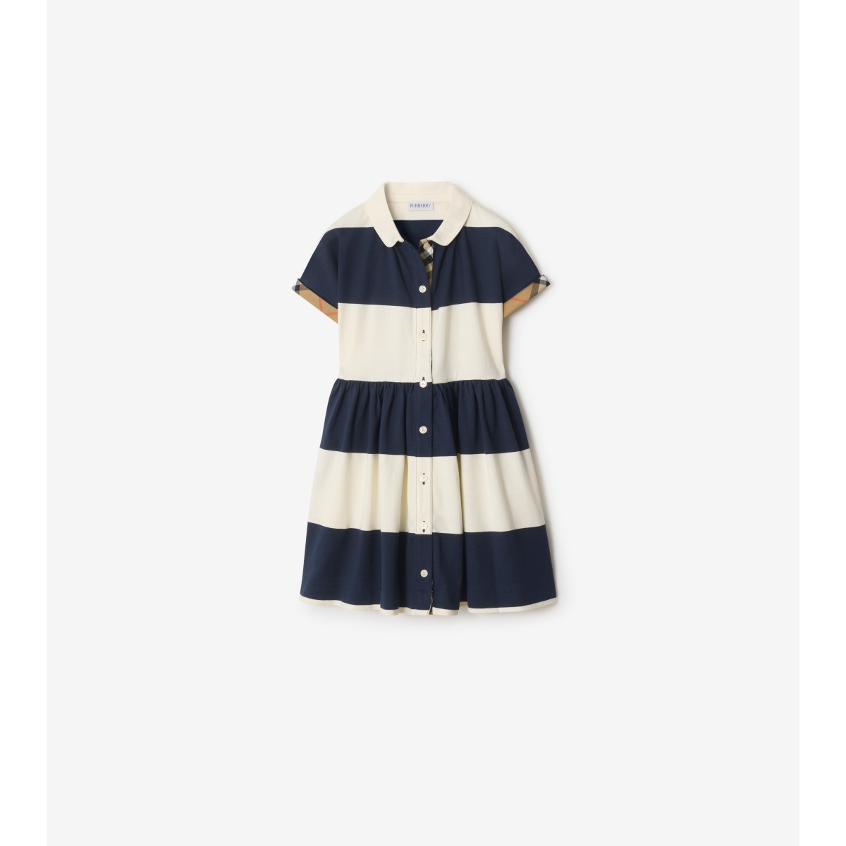  Check Trim Striped Cotton Shirt Dress