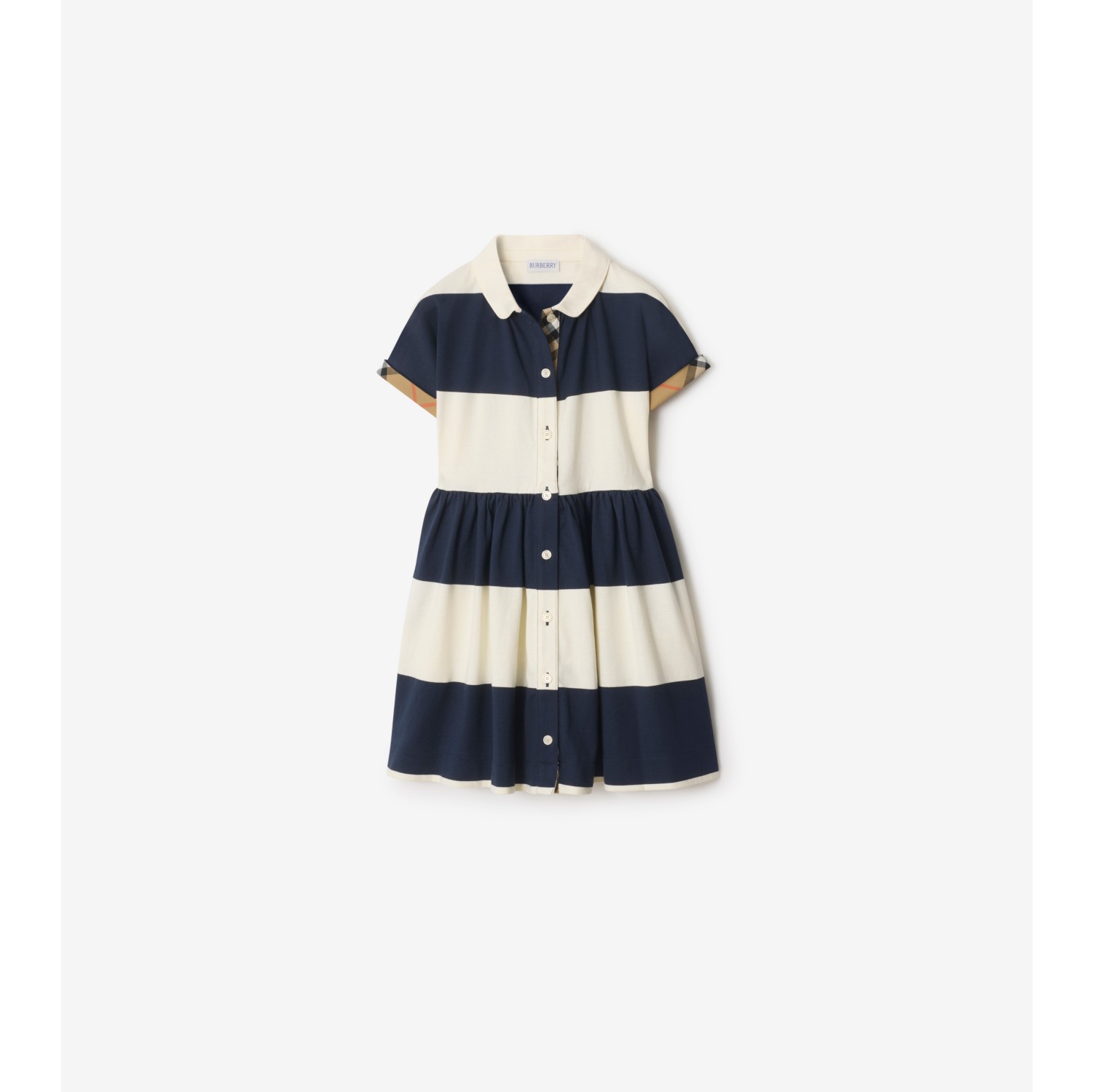 Check Trim Striped Cotton Shirt Dress