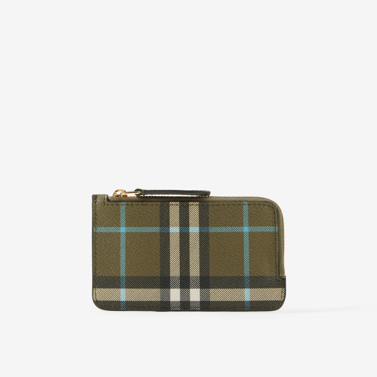 Burberry Check And Leather Zip Card Case In Olive Green