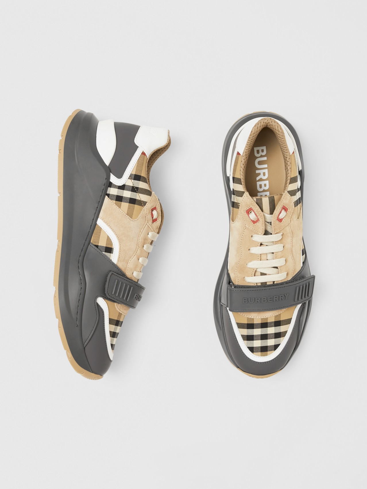 Vintage Check, Suede and Leather Sneakers in Grey/archive Beige