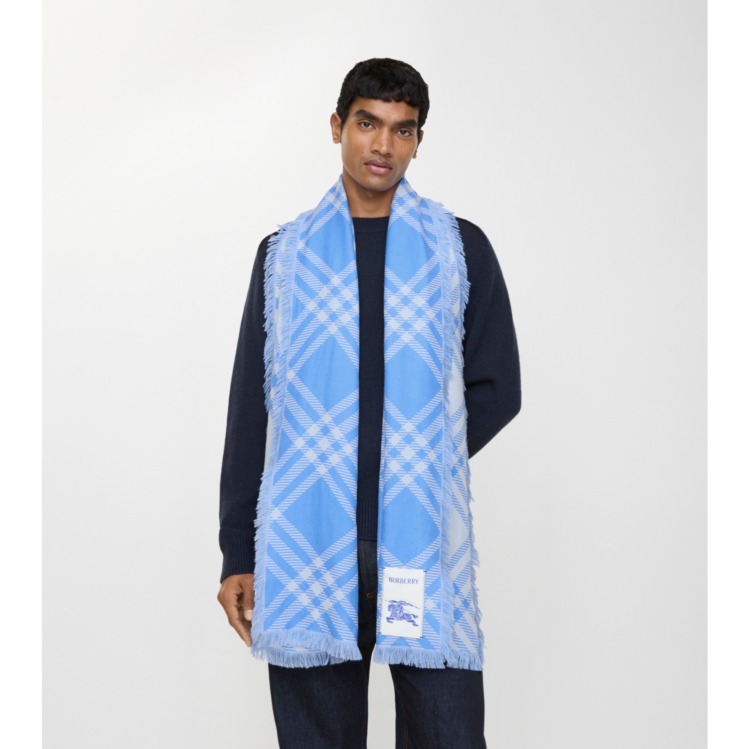 Wide Check Wool Silk Scarf in Dive blue | Burberry® Official