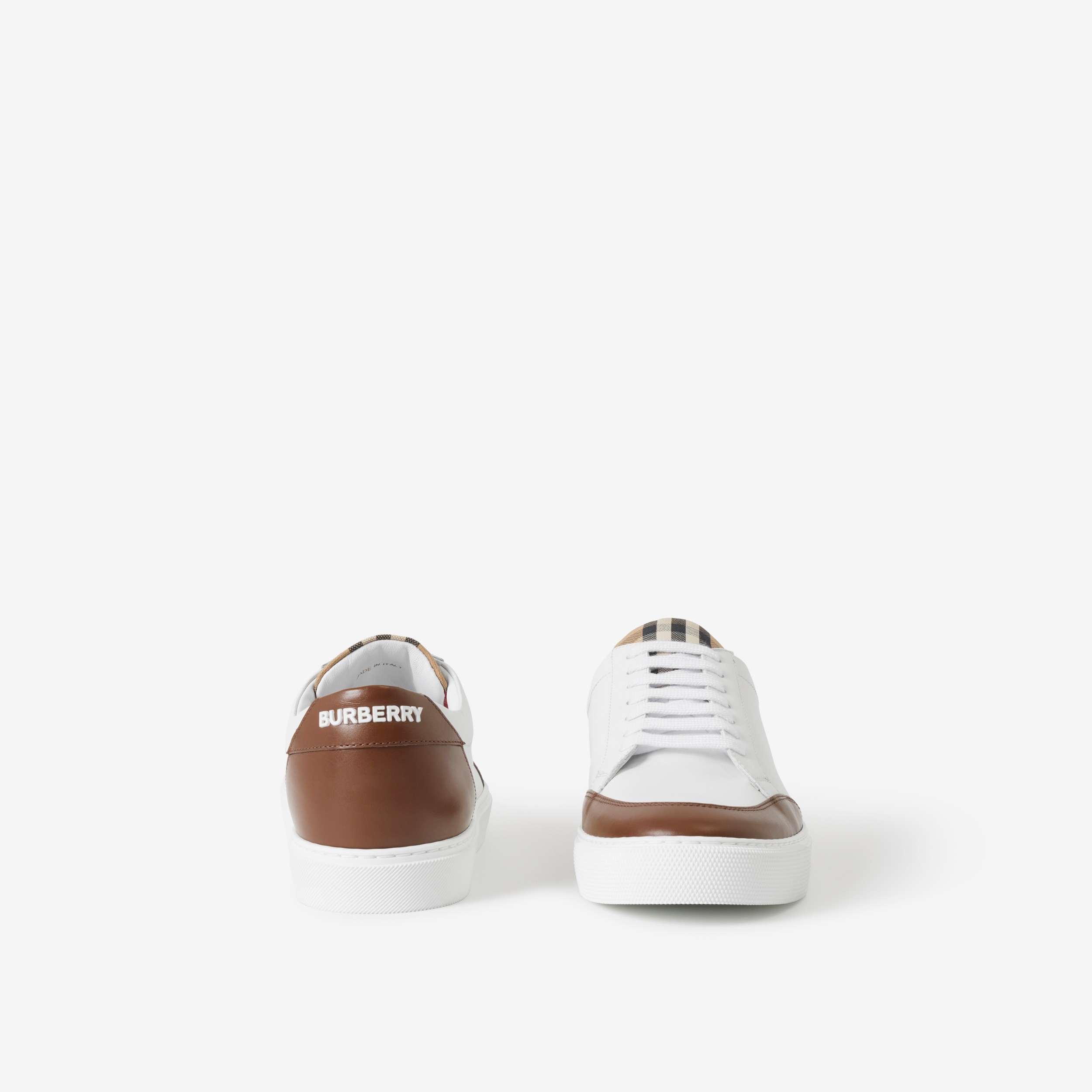 Leather and Check Cotton Sneakers in Optic White/malt Brown - Women | Burberry® Official - 4