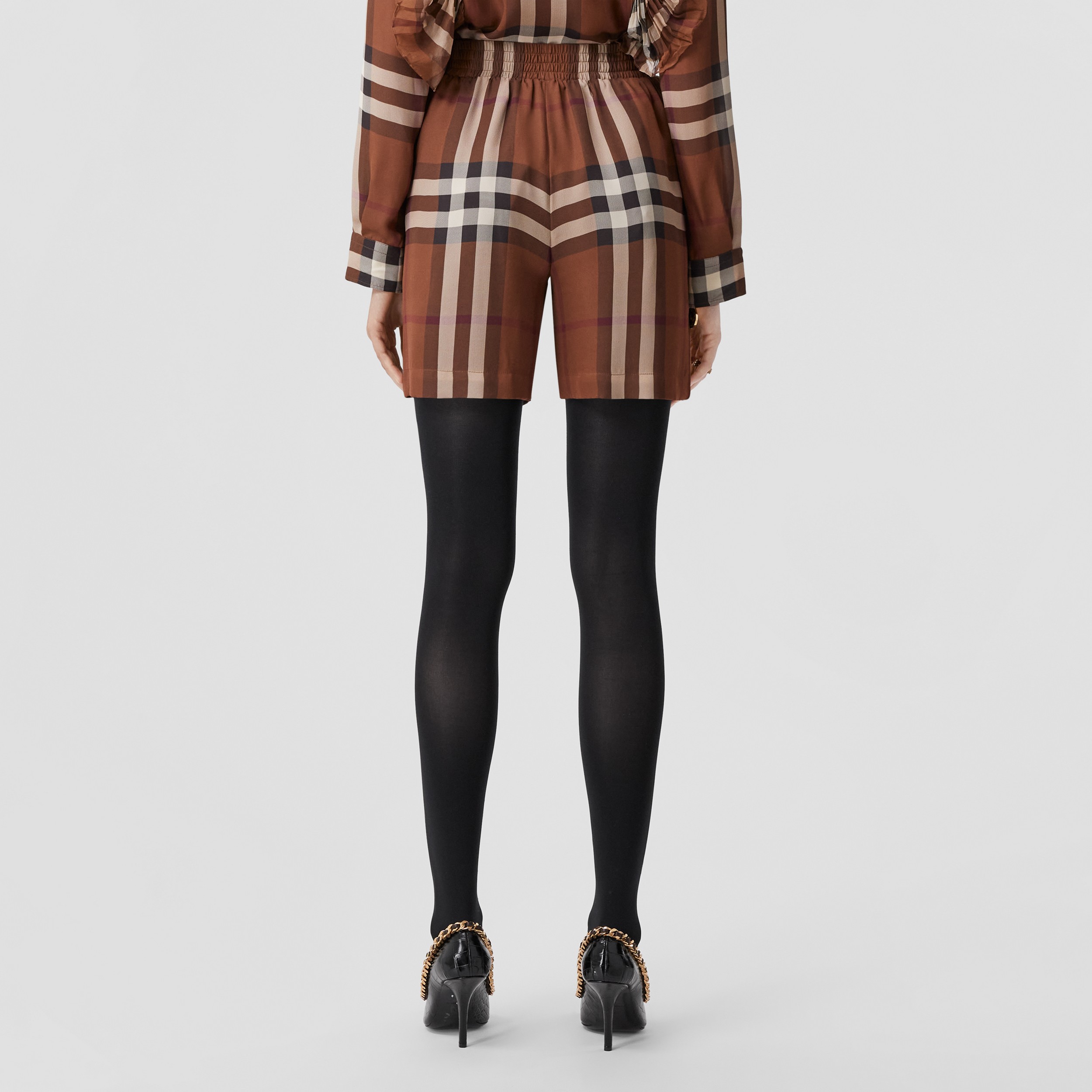 Pleated Ruffle Detail Check Silk Georgette Shorts in Dark Birch Brown - Women | Burberry® Official - 3