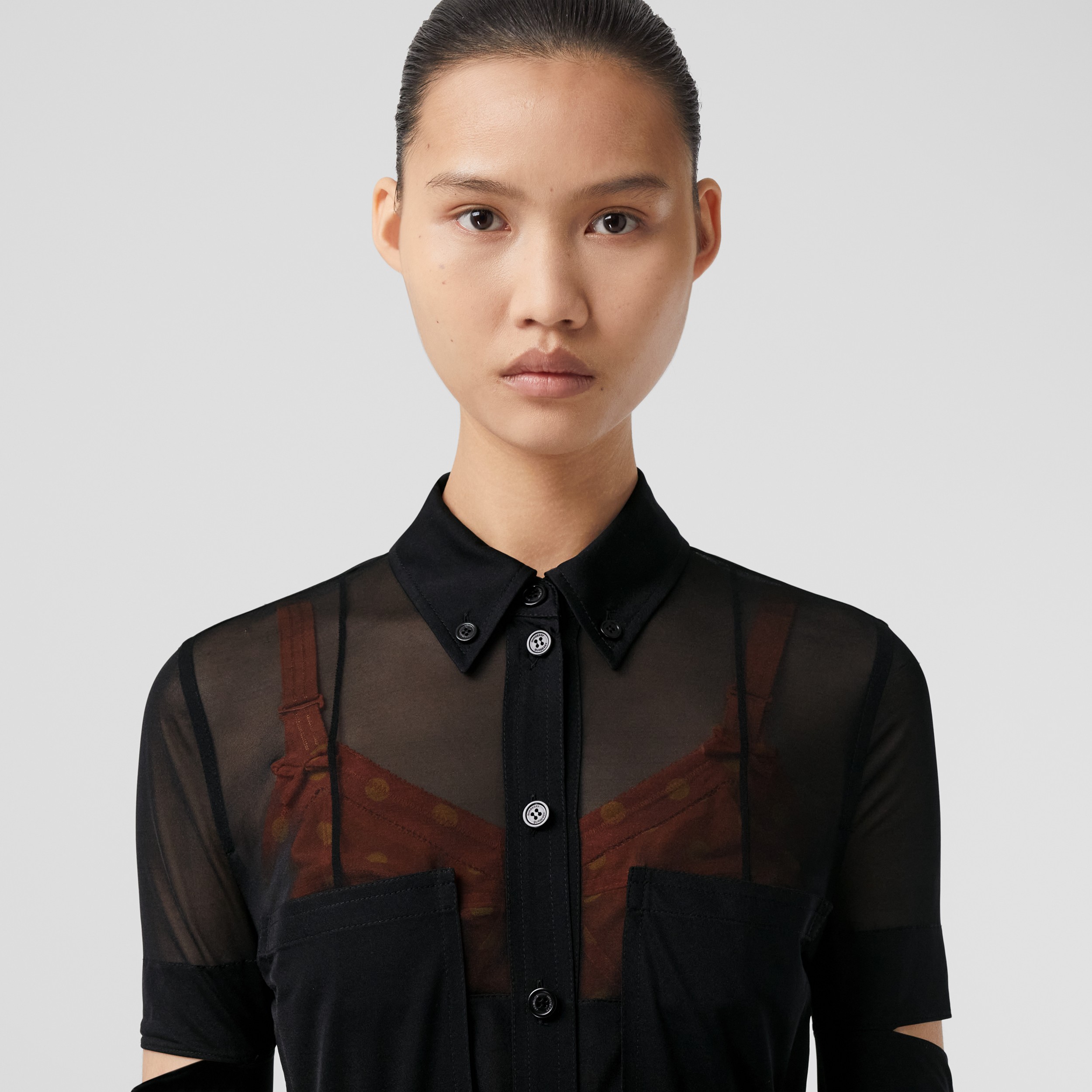 Cut-out Detail Sheer Jersey Shirt Dress in Black - Women | Burberry® Official - 2