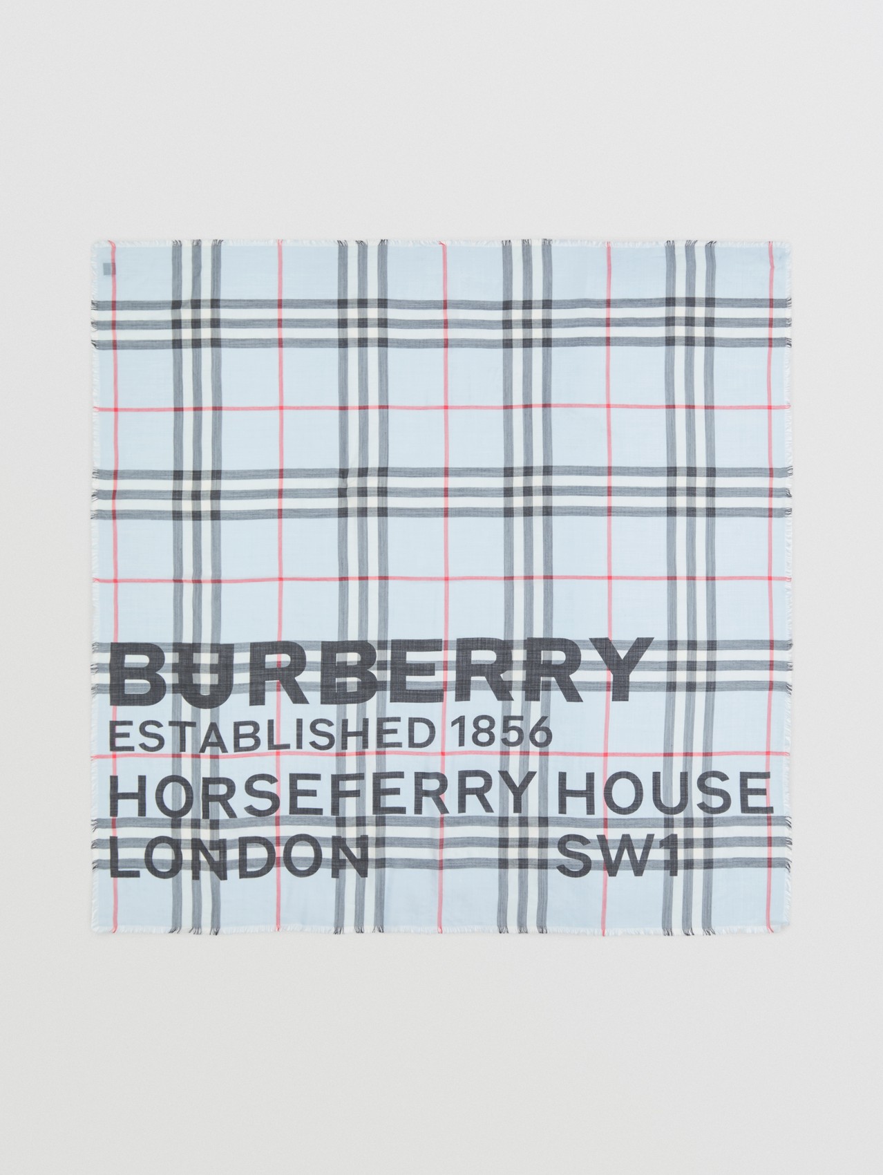 Horseferry Print Check Wool Silk Large Square Scarf in Pale Blue