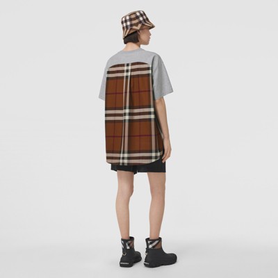 チェックパネル コットン オーバーサイズTシャツ (ペールグレー チェックパネル コットン オーバーサイズTシャツ (ペールグレー