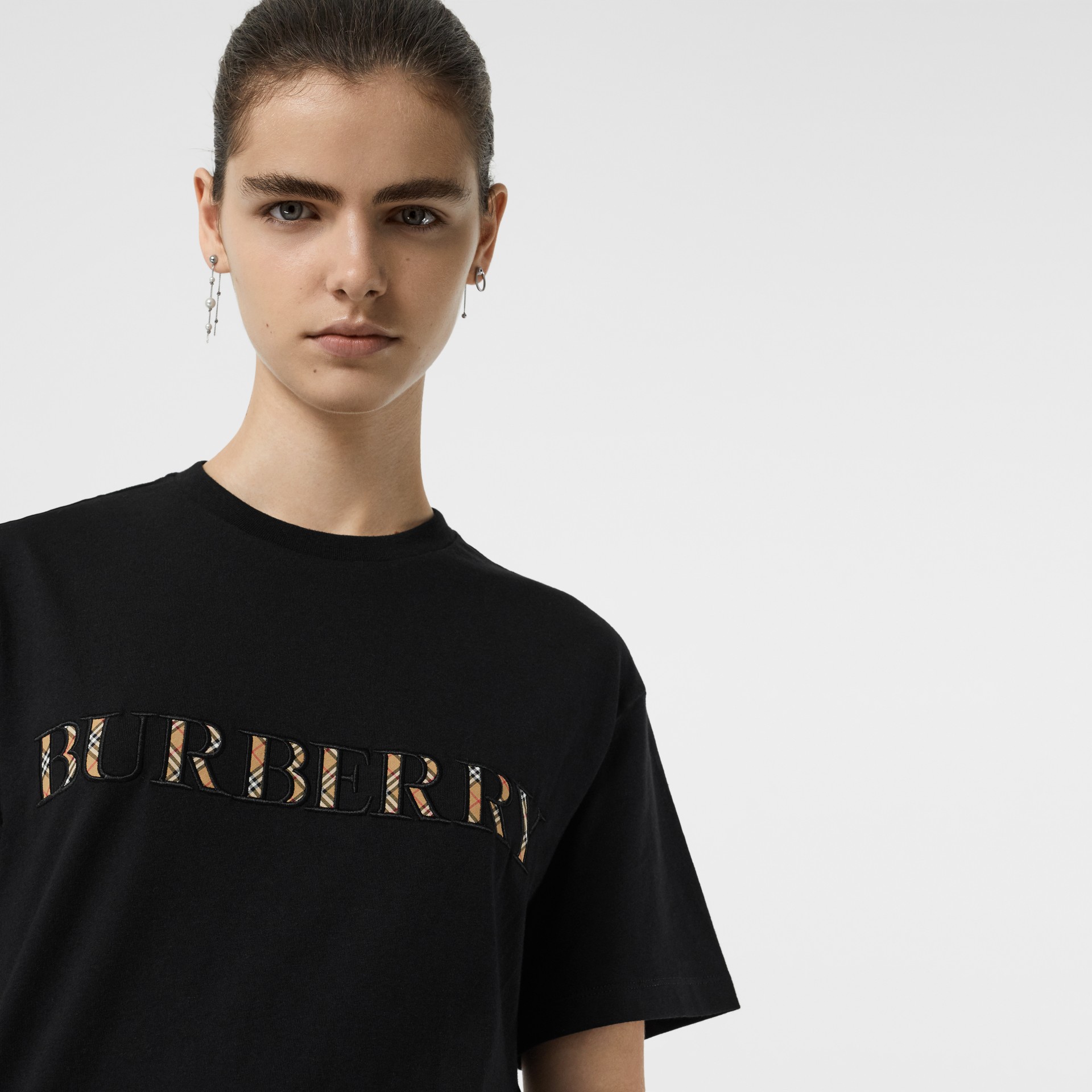 Embroidered Check Logo Cotton T Shirt In Black Women Burberry Canada 