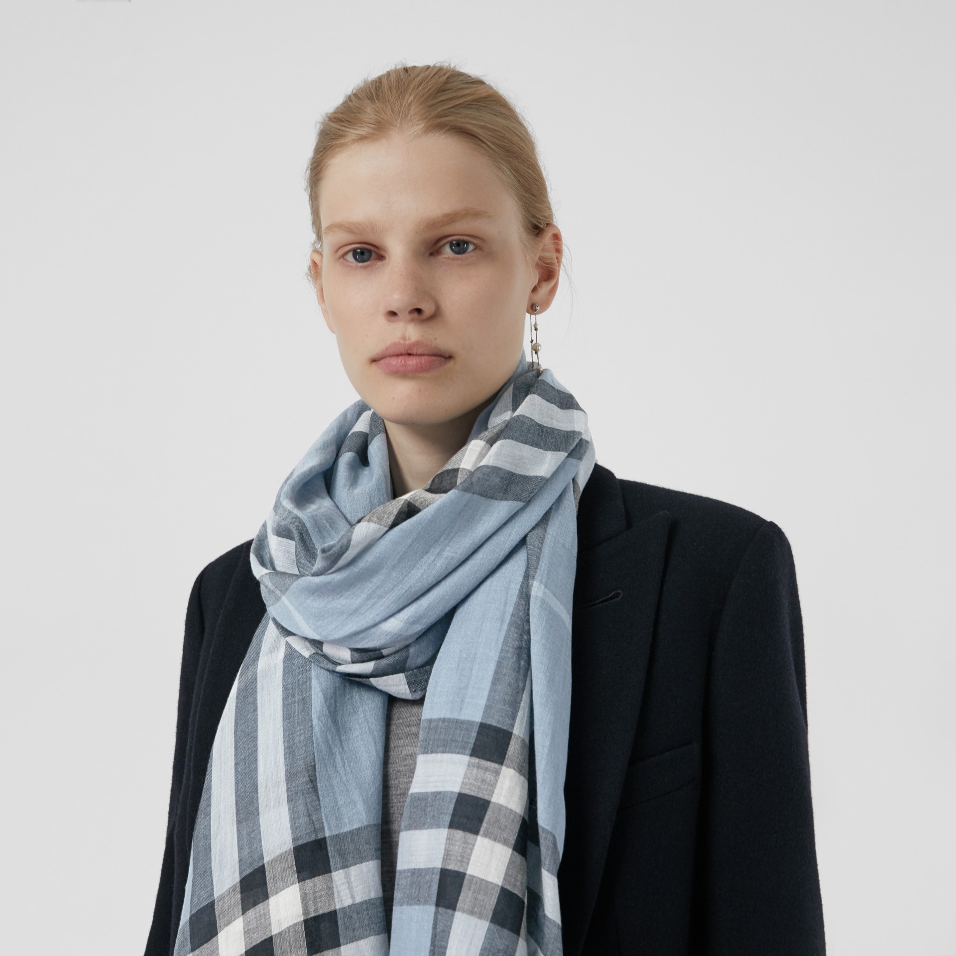 Lightweight Check Wool and Silk Scarf in Dusty Blue | Burberry United ...