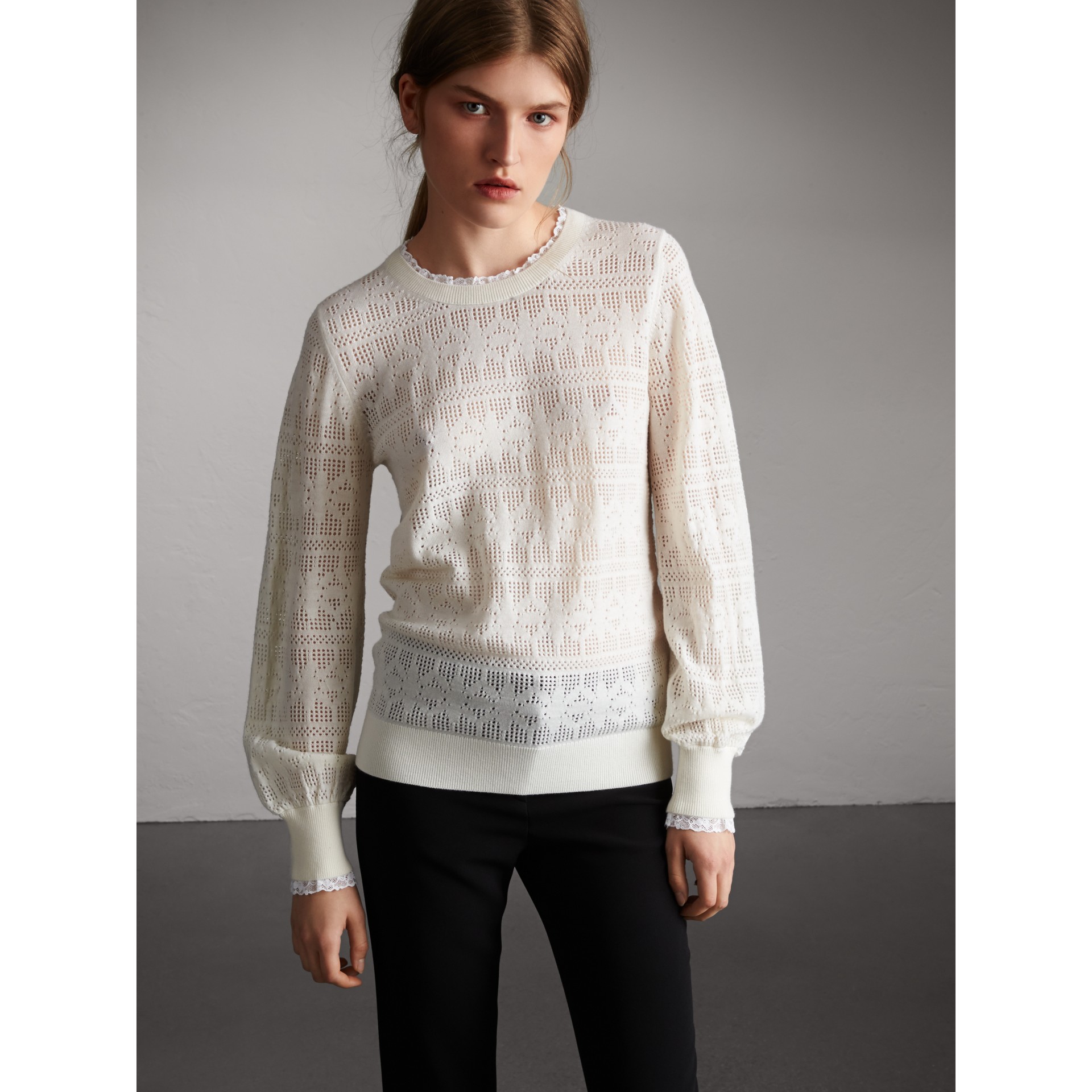 Lace Trim Pointelle Wool Cashmere Sweater in Natural White - Women ...