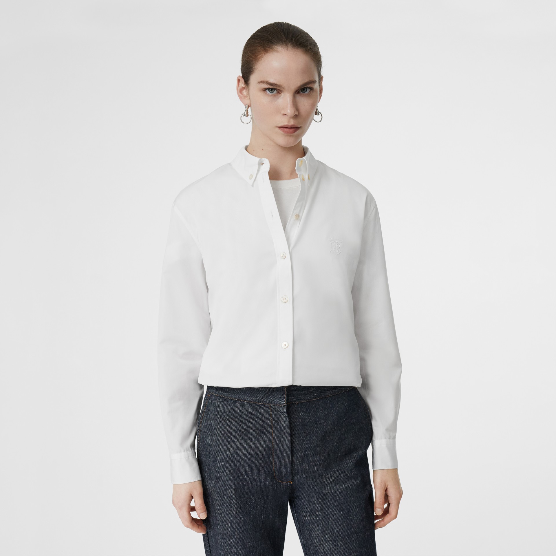 Button-down Collar Monogram Motif Cotton Shirt in White - Women ...