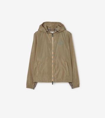Check Trim Nylon Hooded Jacket in Finch brown - Men | Burberry® Official