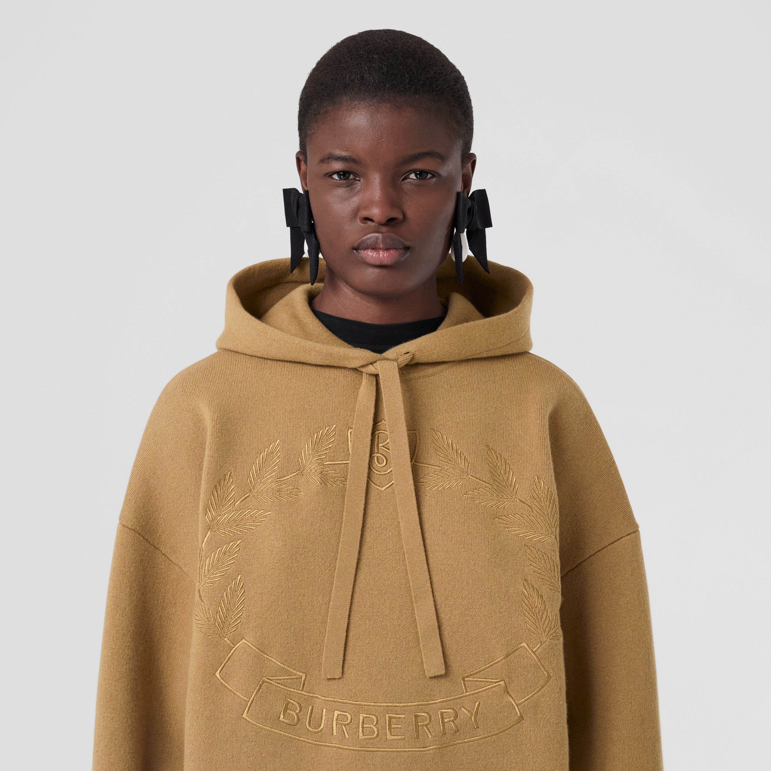 Embroidered Oak Leaf Crest Oversized Hoodie in Camel - Women | Burberry® Official - 2