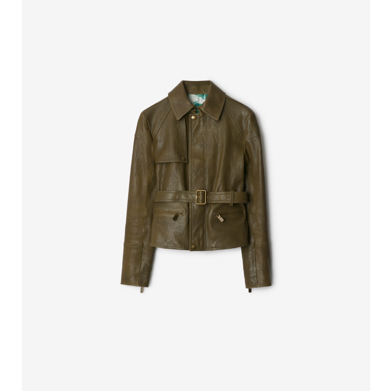 Belted Leather Jacket in Mire Women Burberry Official