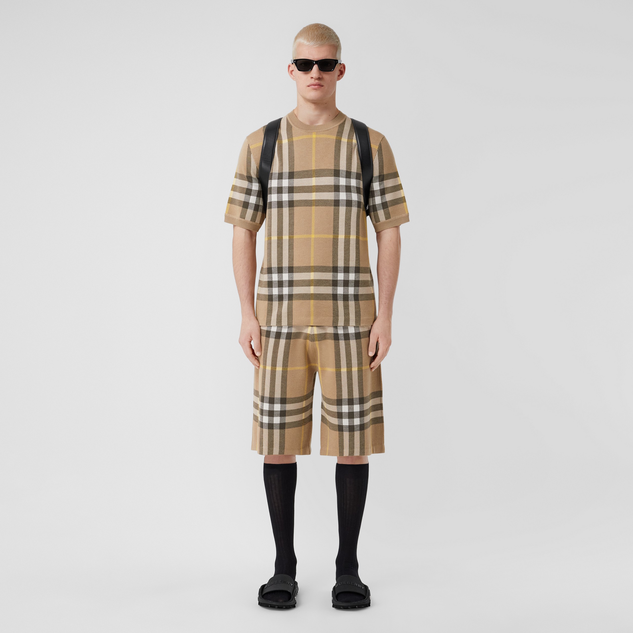 Short-sleeve Check Silk Wool Jacquard Top in Truffle - Men | Burberry® Official - 1