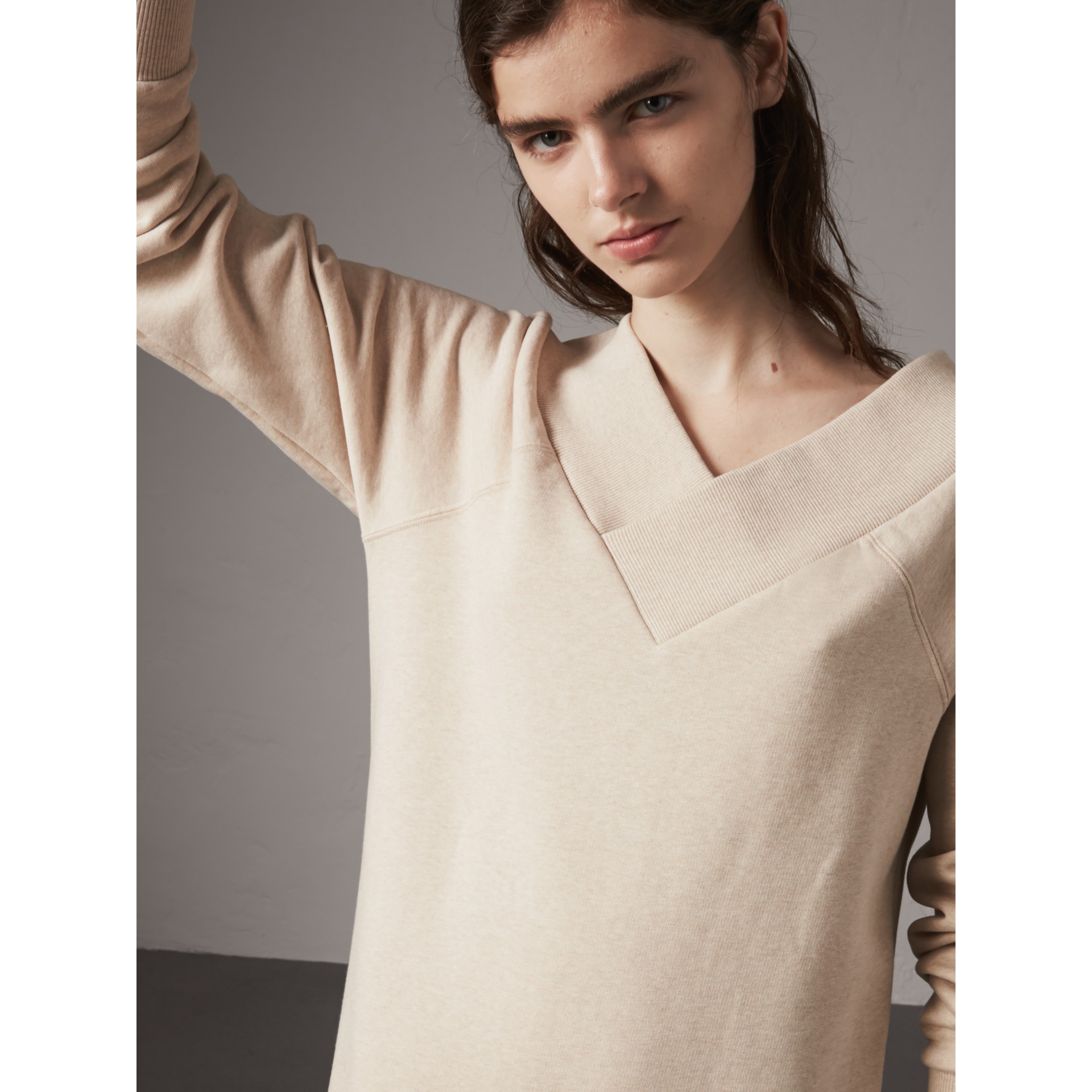 Cotton Blend Vneck Sweater Dress in Oatmeal Melange Women Burberry