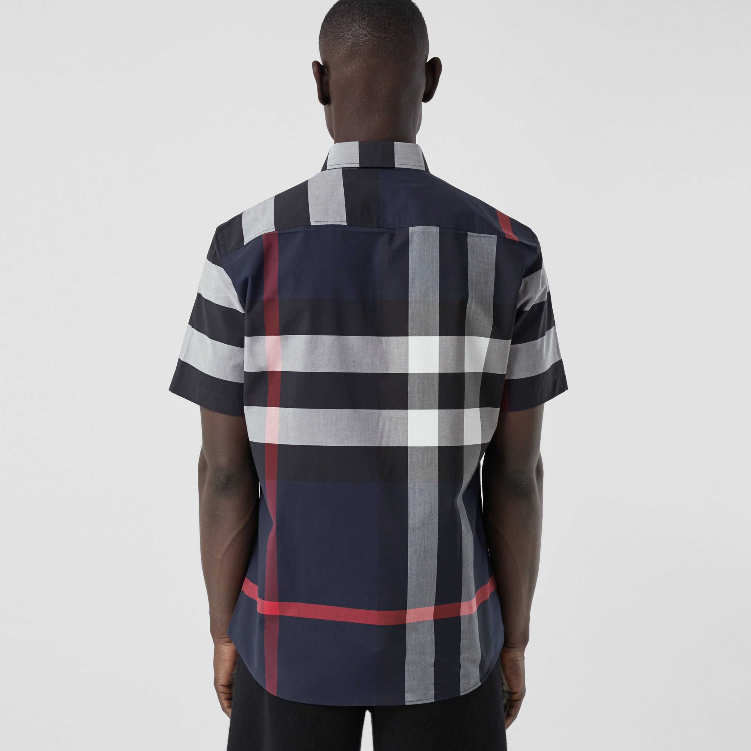 Short-sleeve Check Stretch Cotton Poplin Shirt in Navy - Men | Burberry® Official - 3