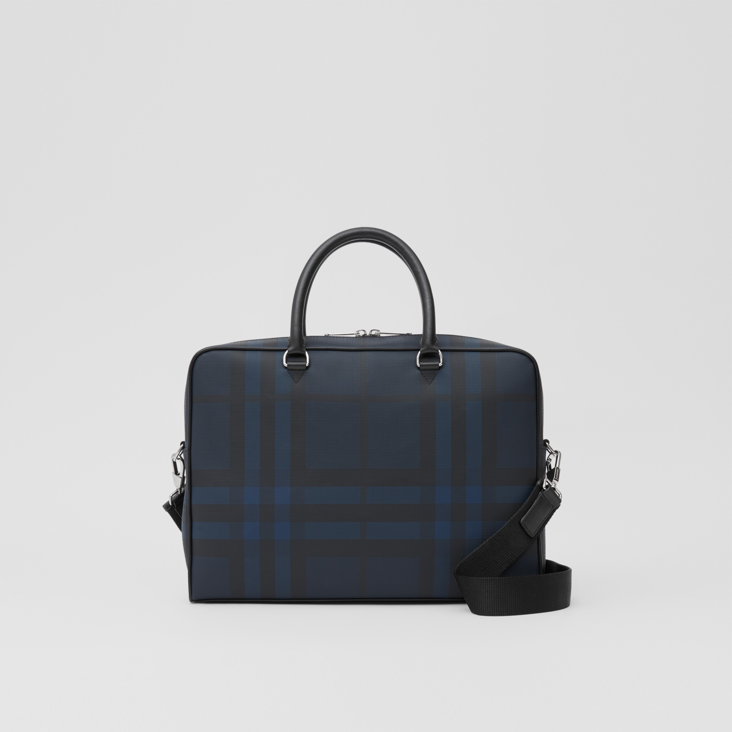 London Check and Leather Briefcase in Navy Men Burberry® Official