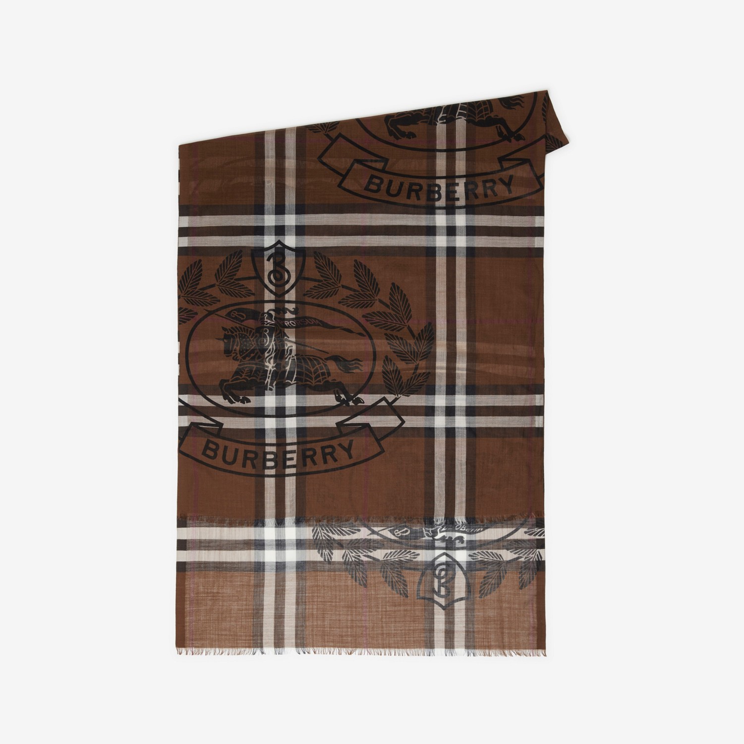 马术骑士徽标拼格纹丝毛混纺围巾 (深桦木棕) | Burberry® 博柏利官网