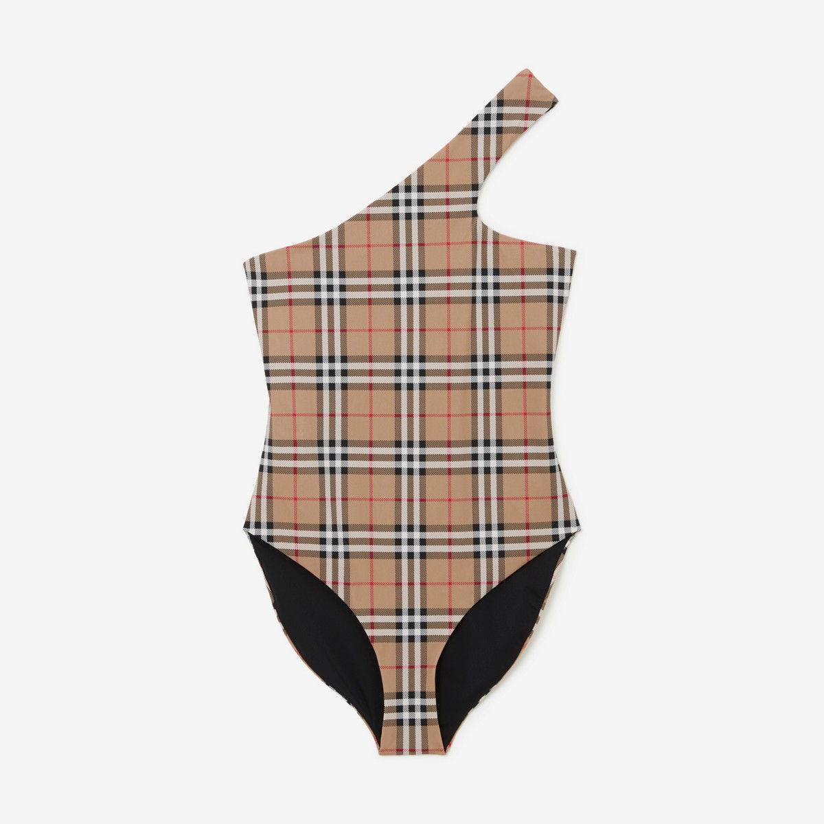 Burberry Check Stretch Nylon Asymmetric Swimsuit In Archive Beige