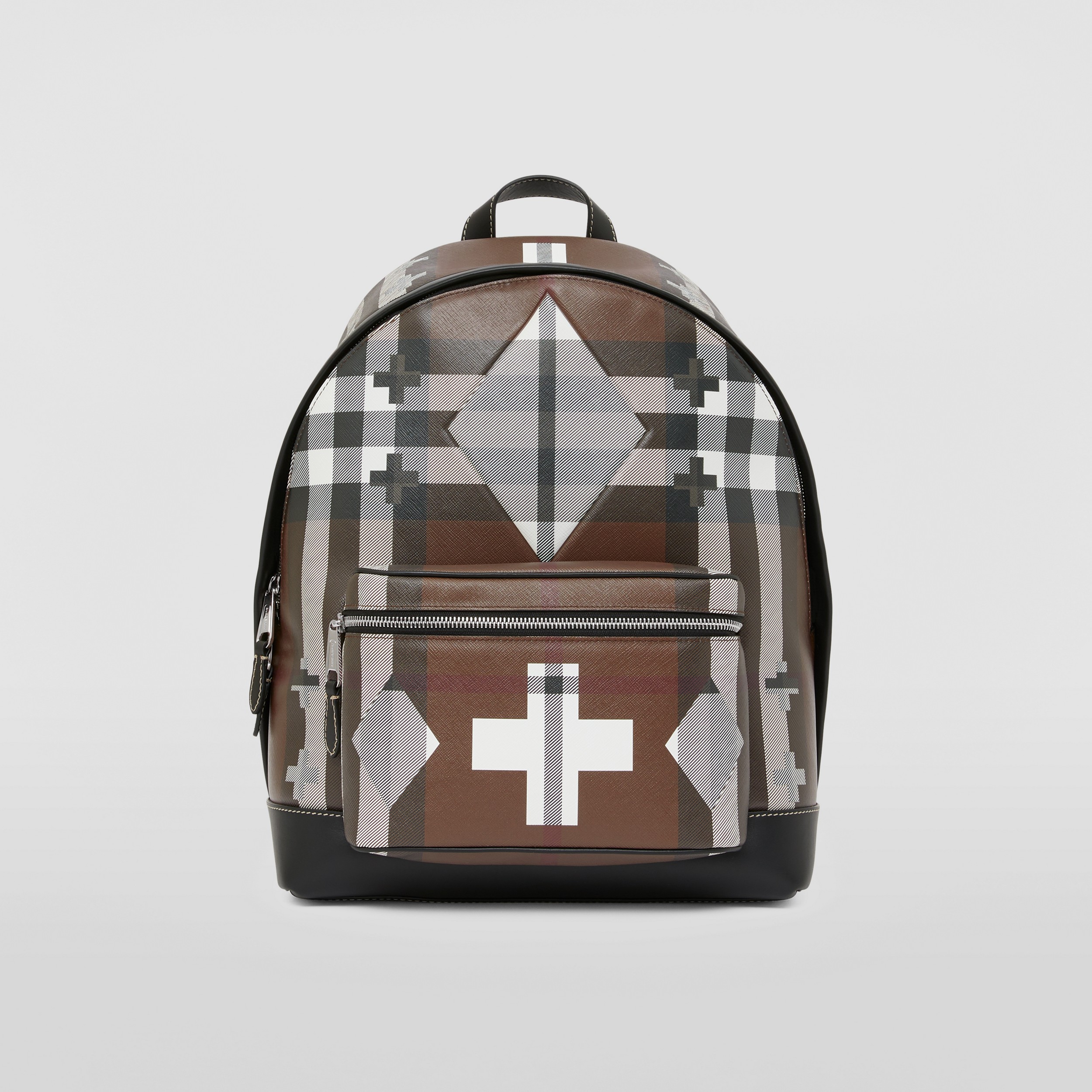 Geometric Check and Leather Backpack in Dark Birch Brown/white - Men | Burberry® Official - 1