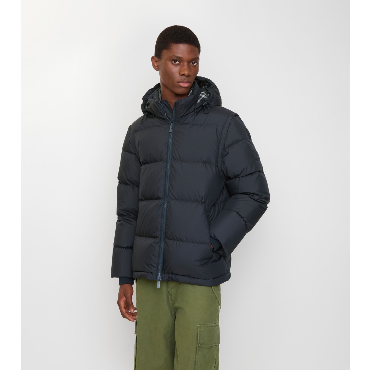  Check Detachable Sleeve Puffer Jacket