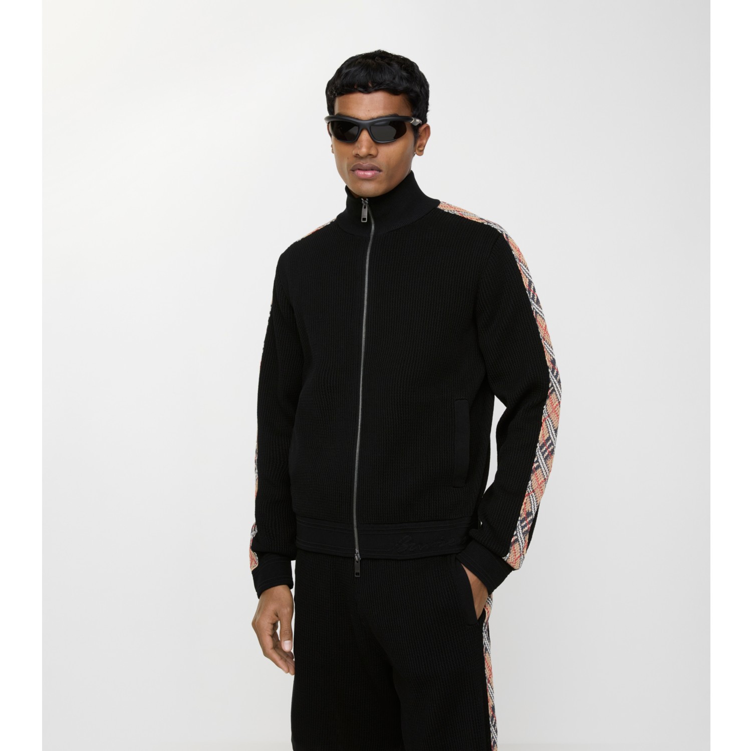 Check Trim Cotton Track Jacket in Black - Men | Burberry® Official