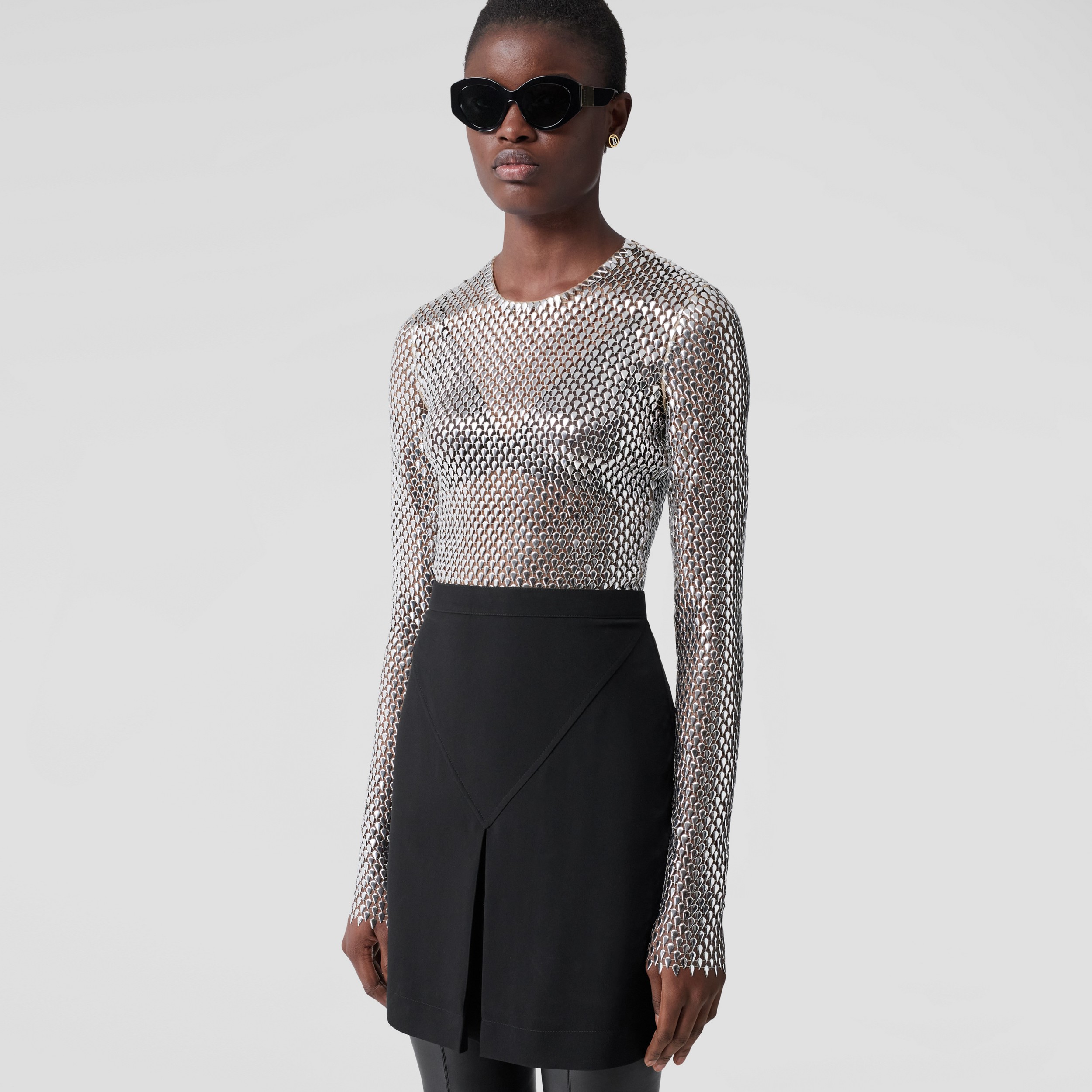 Metallic Paillette-embellished Mesh Top in Silver - Women | Burberry® Official - 1