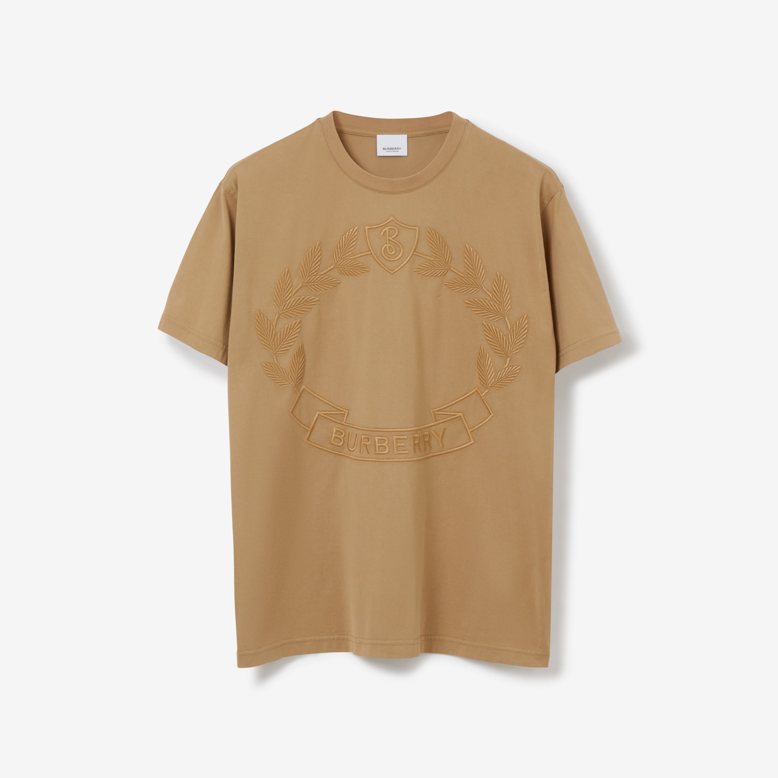 Camiseta oversize em algodão com emblema de folha de carvalho (Bege Clássico) - Mulheres | Burberry® oficial - 1
