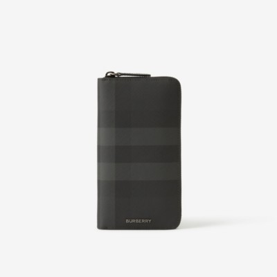 Burberry Check And Leather Ziparound Wallet In Charcoal