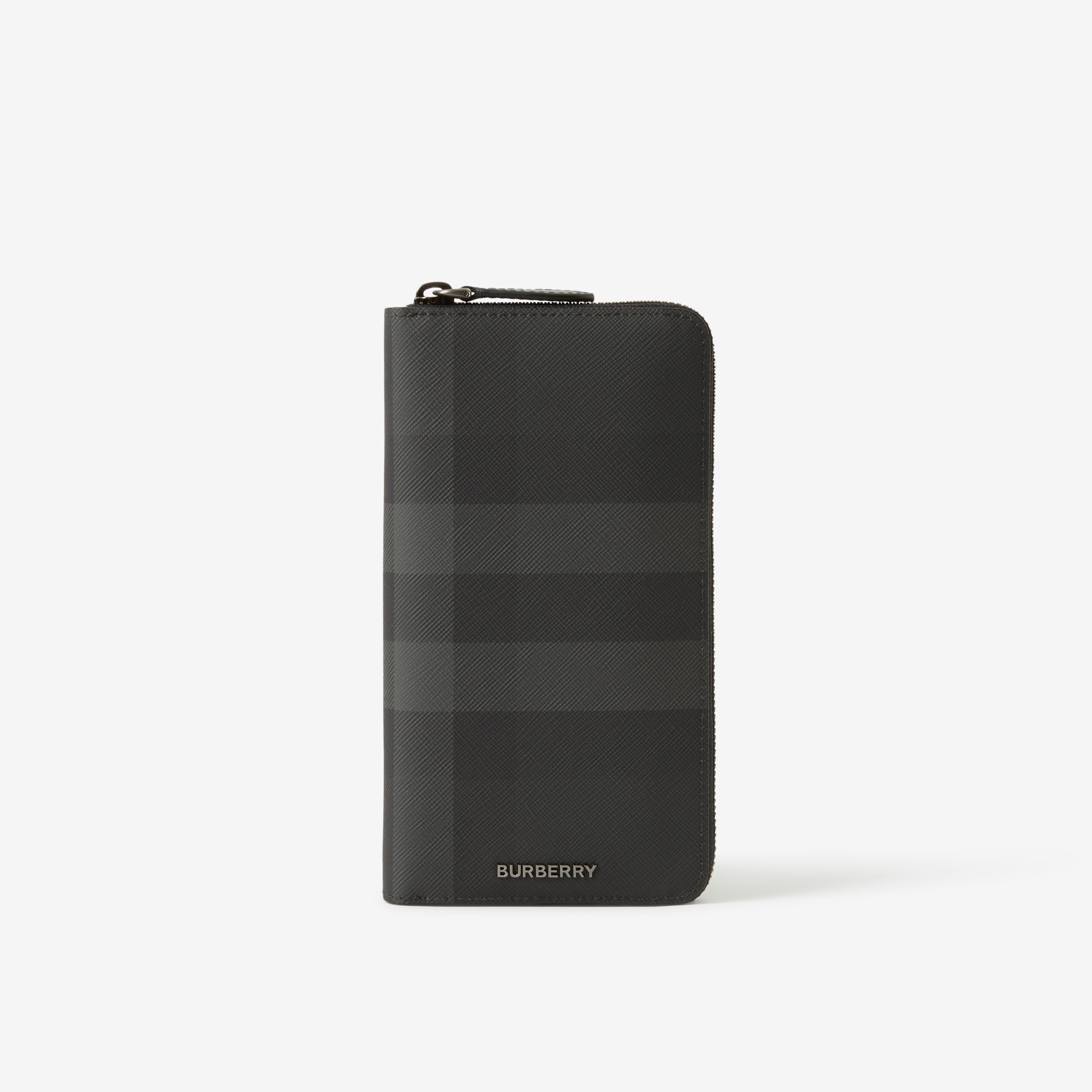 Check and Leather Card Case in Charcoal - Men