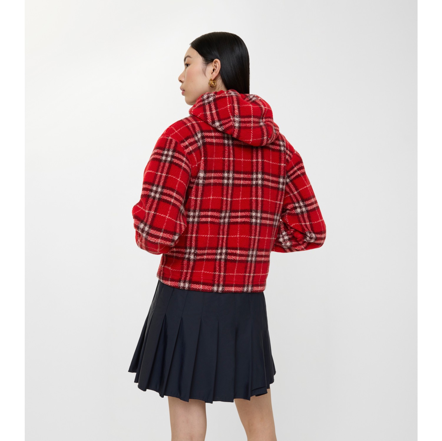 Cropped Check Fleece Hooded Jacket