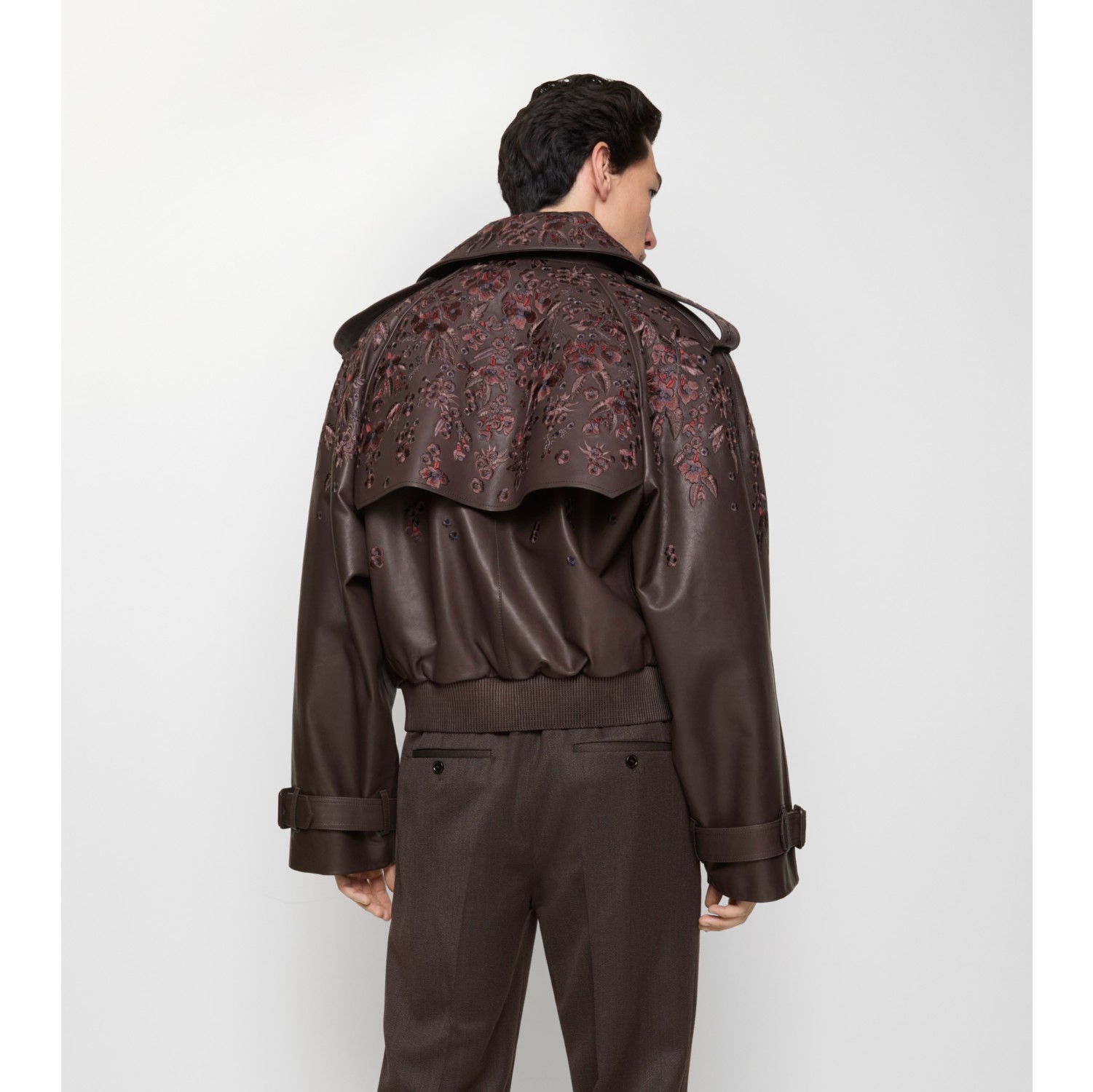 Cropped Floral Leather Trench Jacket in Berry purple - Men