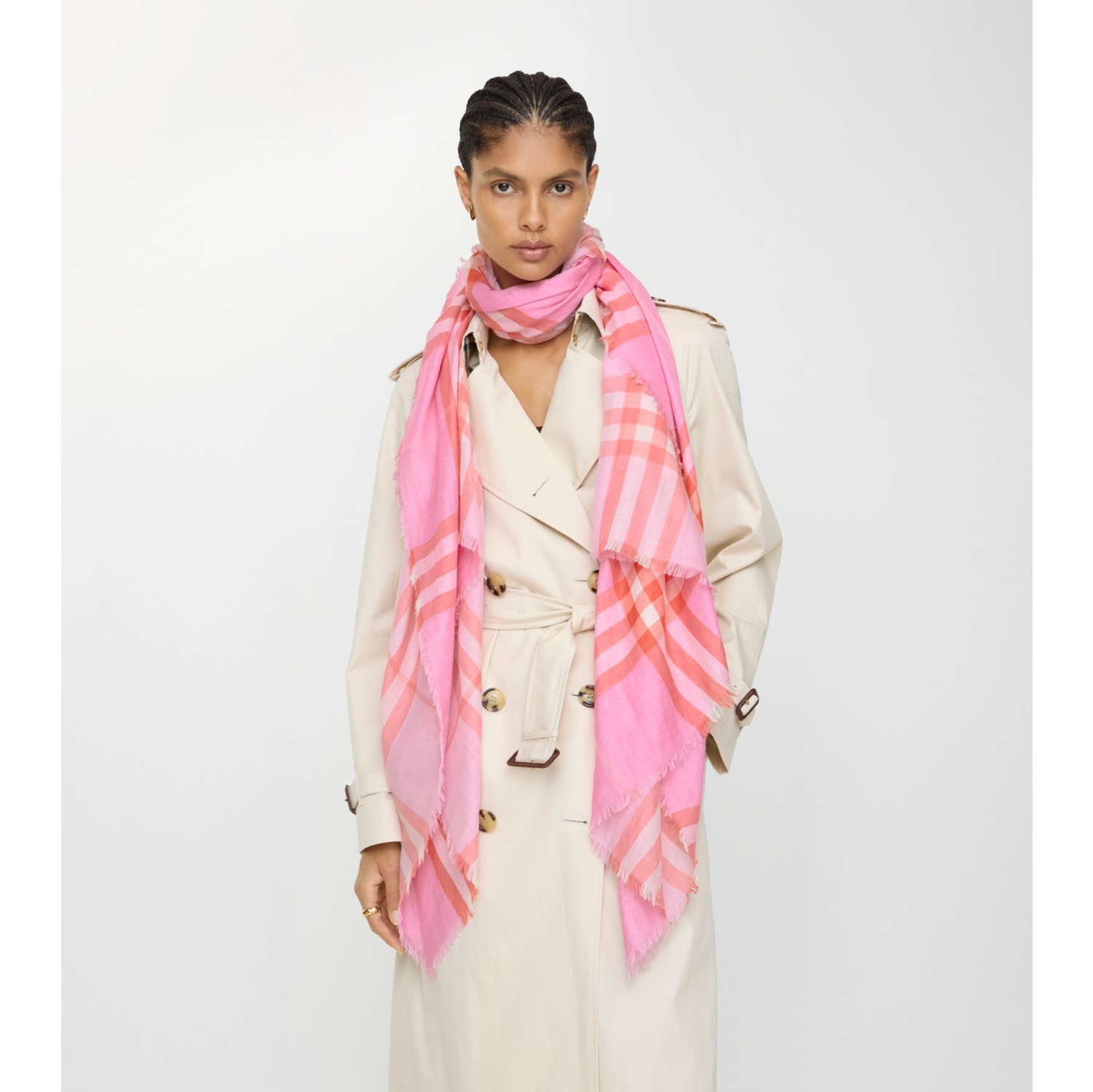 Reversible Check Wool Silk Scarf in Cami pink/glaze pink