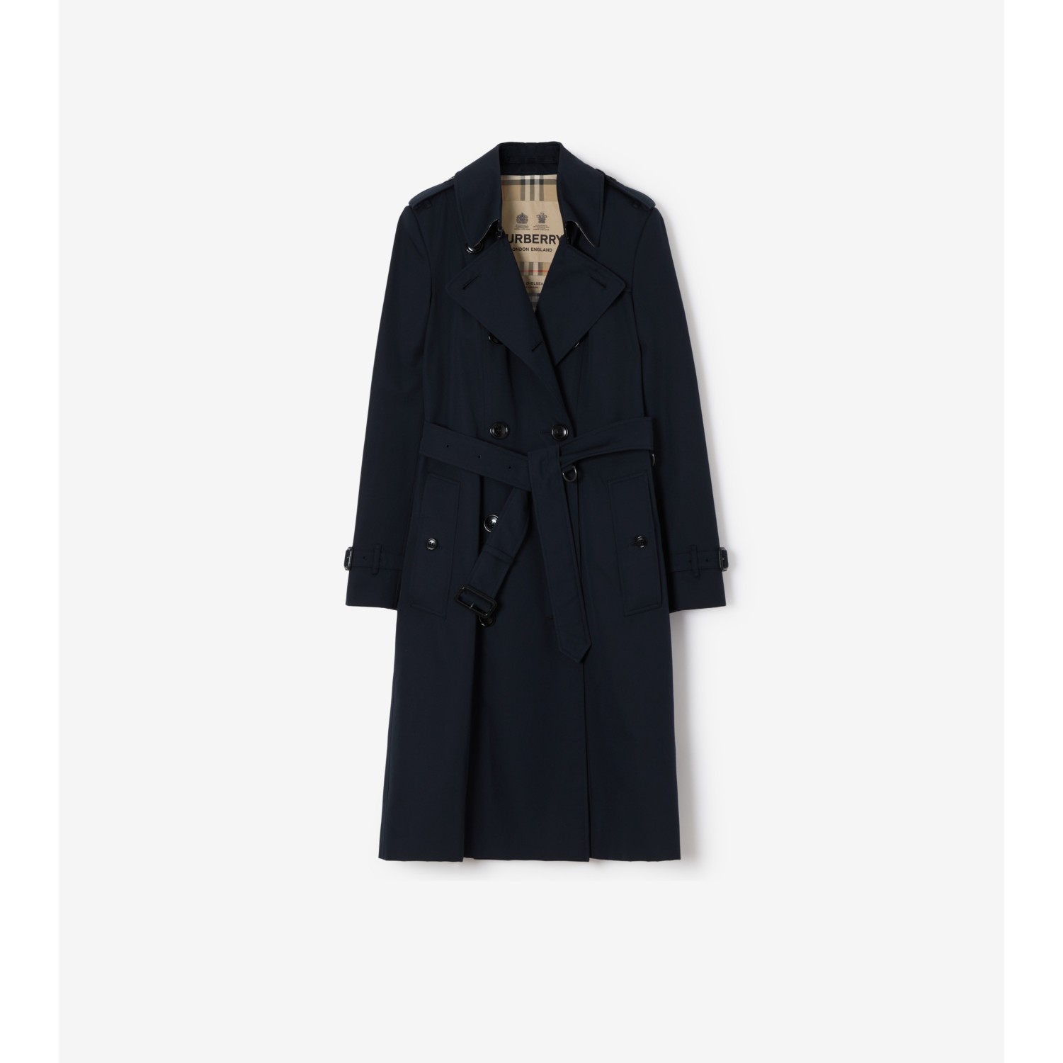 Double-breasted trench coat with belted closure