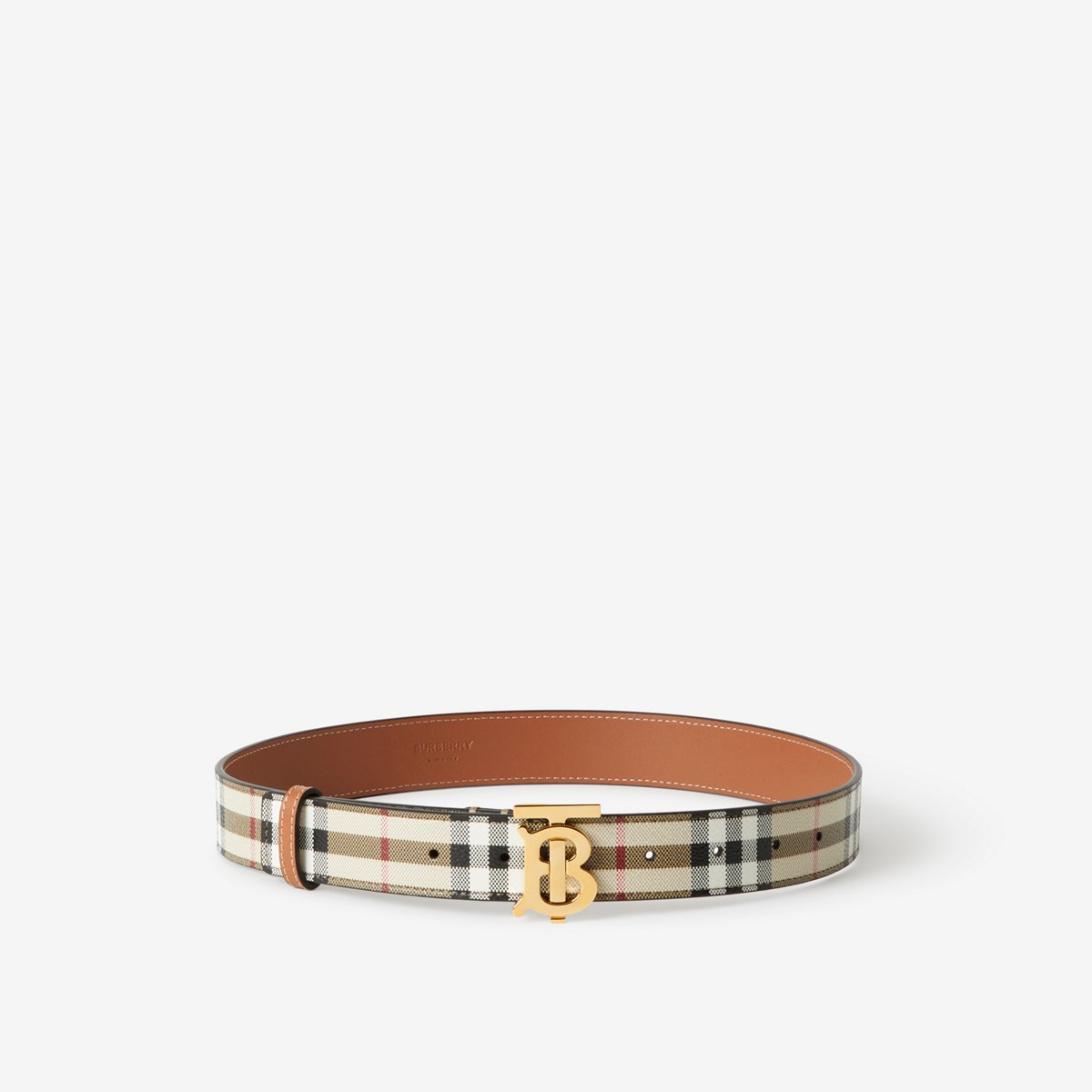 Burberry Check And Leather Tb Belt In Archive Beige/light Gold